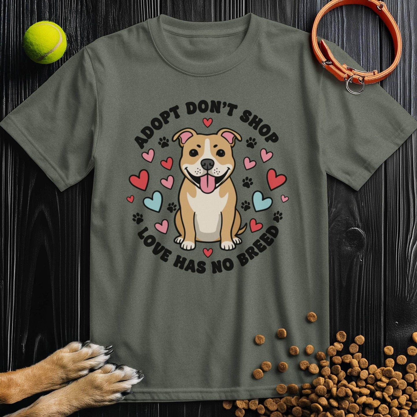 Olive green Adopt Don't Shop Tee with colorful dog and heart graphic, ethically made cotton shirt for pet adoption awareness.