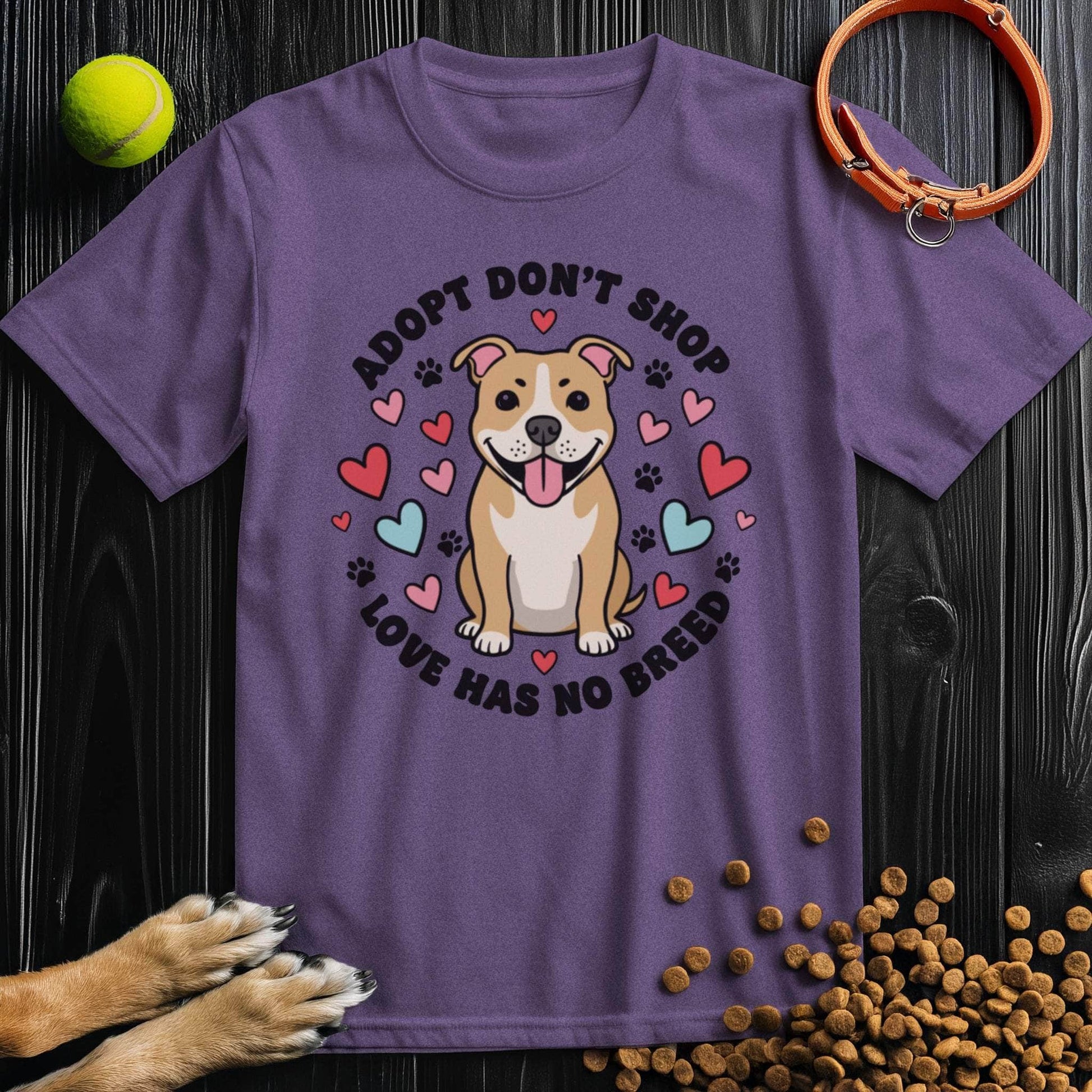 Purple Adopt Don't Shop T-Shirt with heart and dog illustration, 100% cotton ethical tee for dog adoption advocates.