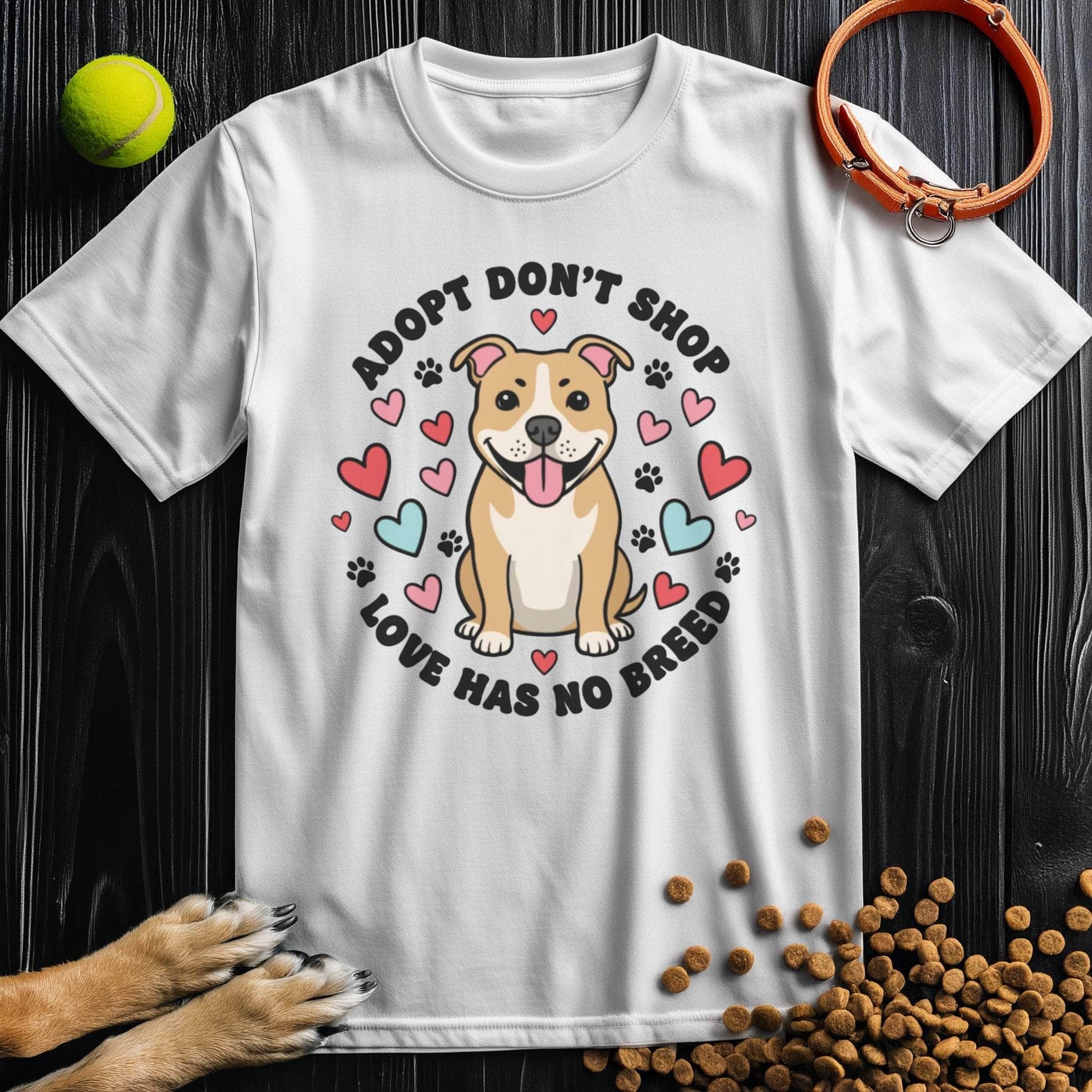 White Adopt Don't Shop T-Shirt featuring cute dog graphic and heart accents, made from ethical 100% cotton for dog lovers.