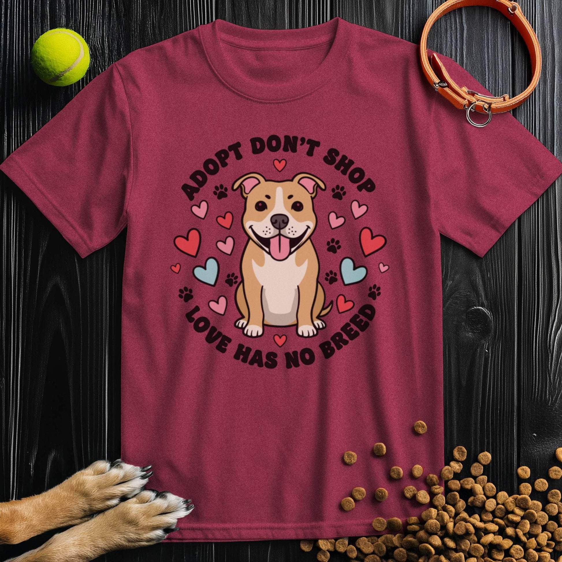Maroon Adopt Don't Shop Tee with cute dog and heart design, ethically produced cotton t-shirt promoting dog adoption.