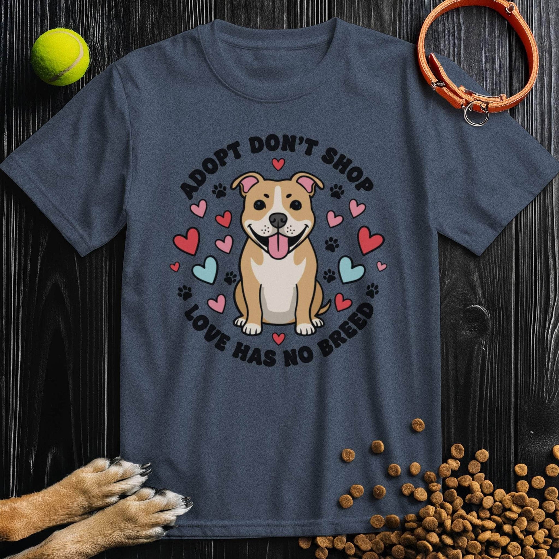 Navy blue Adopt Don't Shop Tee with cartoon dog and paw print design, ethical cotton graphic t-shirt for animal rescue supporters.