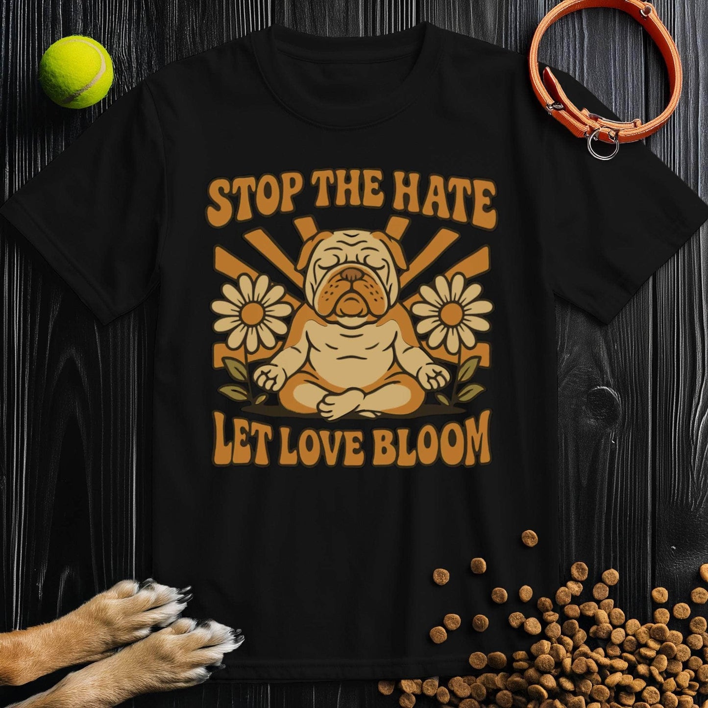 Love Bloom T-Shirt - Dog T-Shirts for Humans in black with peaceful dog and flower print, eco-friendly cotton, unisex sizing.