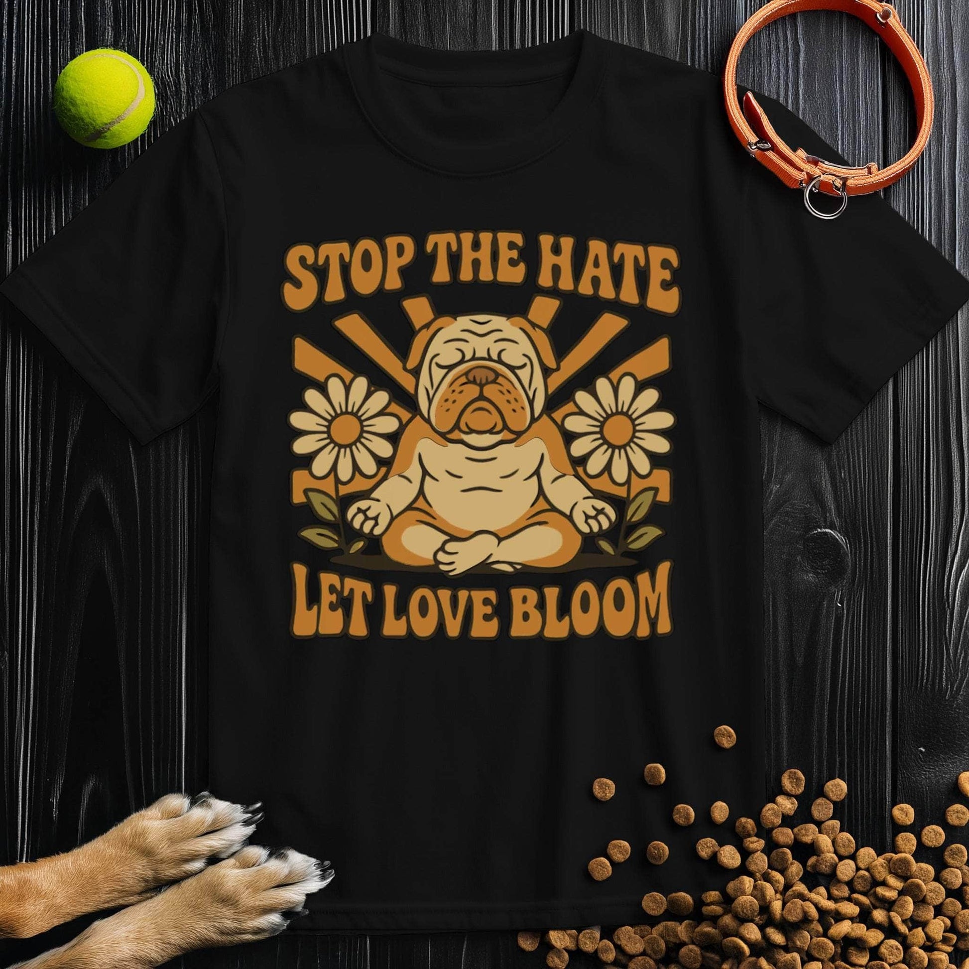 Love Bloom T-Shirt - Dog T-Shirts for Humans in black with peaceful dog and flower print, eco-friendly cotton, unisex sizing.