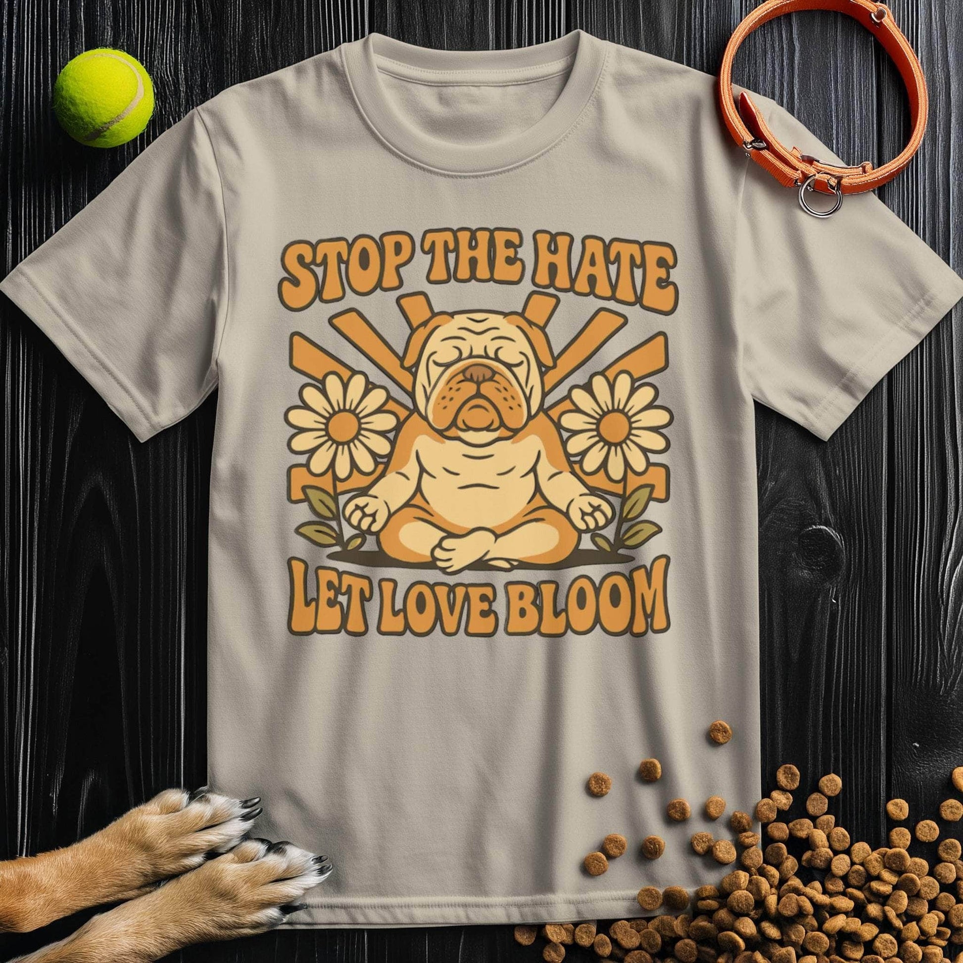 Love Bloom T-Shirt - Dog T-Shirts for Humans in beige featuring zen dog and daisies, made from certified cotton, unisex fit.