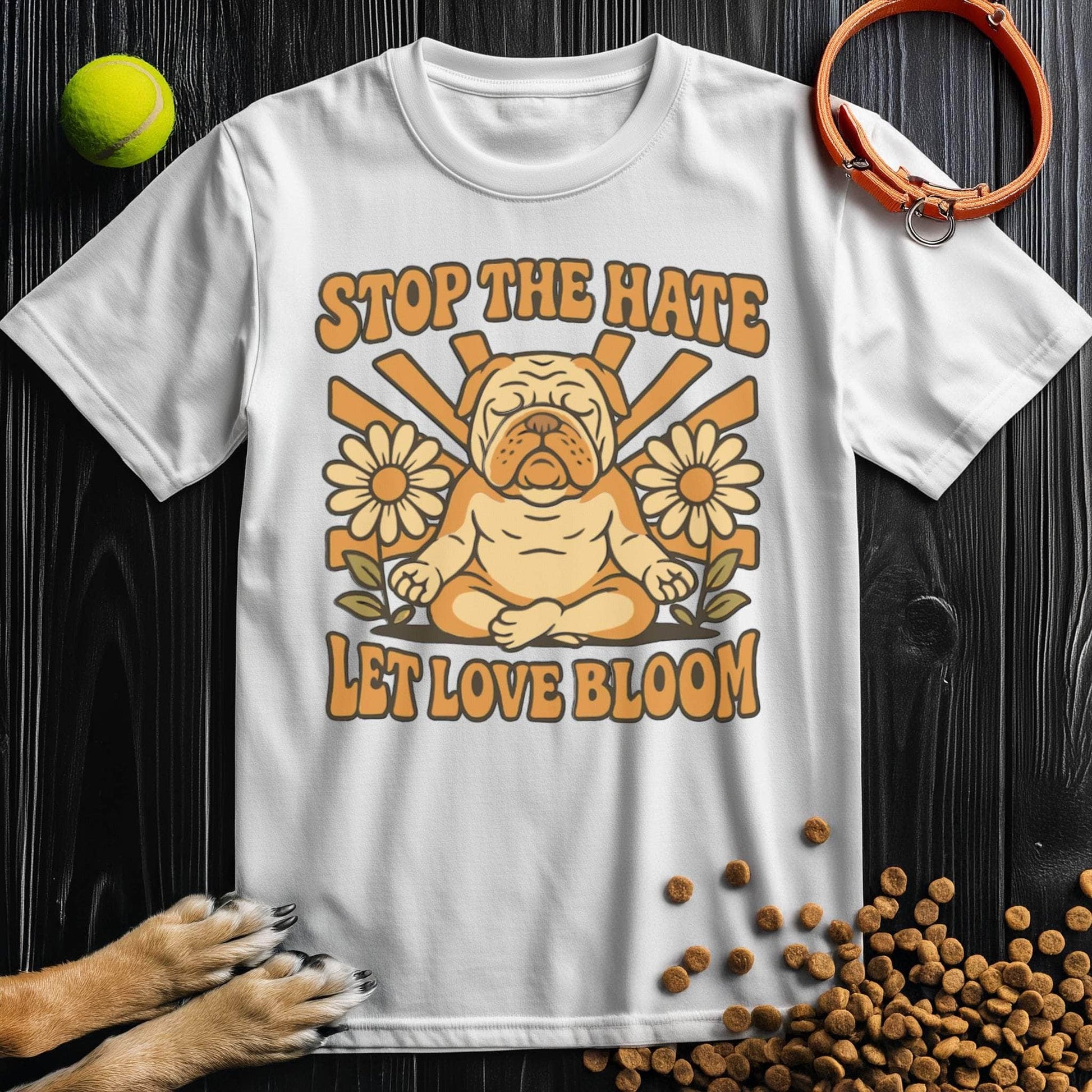 Love Bloom T-Shirt - Dog T-Shirts for Humans in white featuring zen bulldog and daisies, sustainable cotton, unisex style.