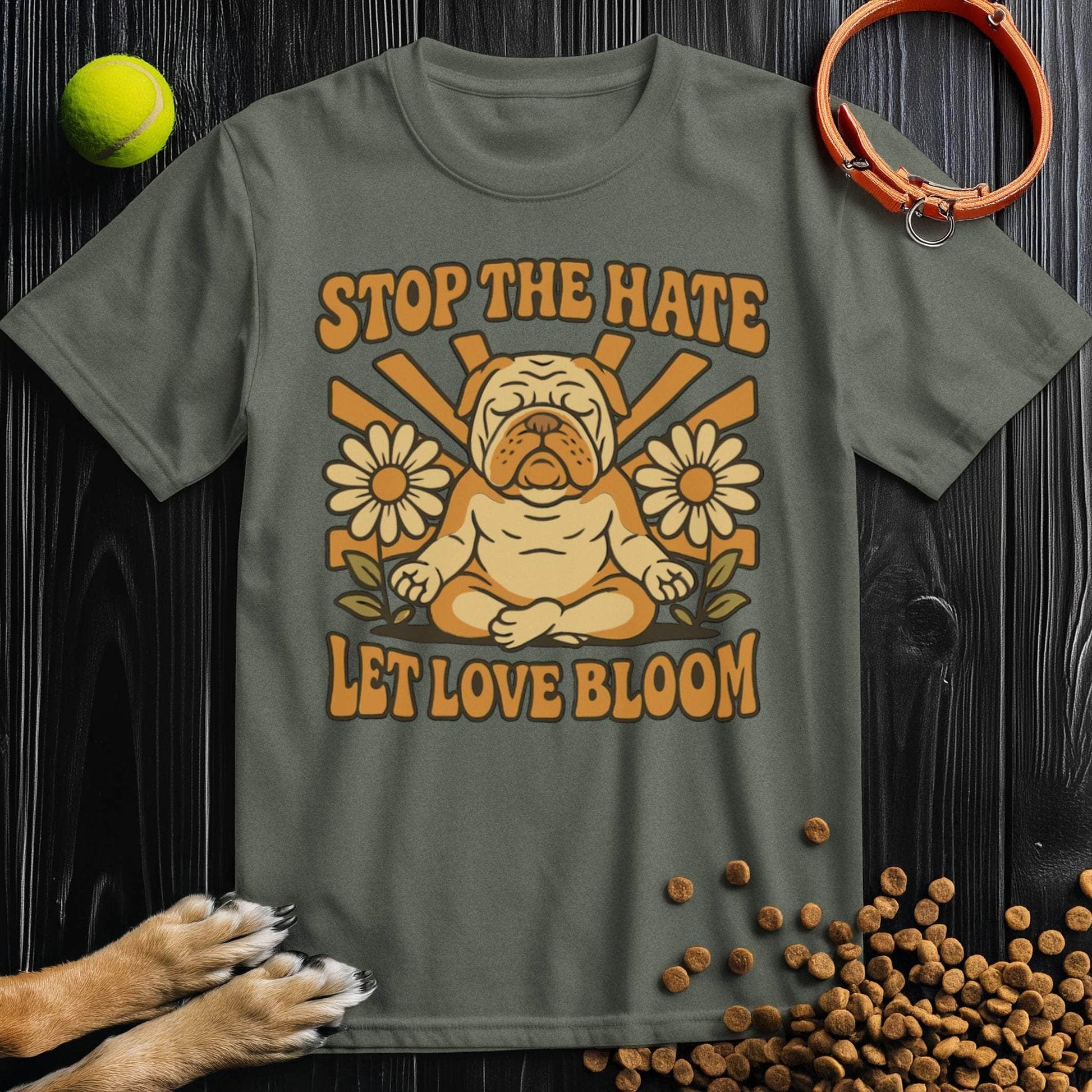 Love Bloom T-Shirt - Dog T-Shirts for Humans in army green with meditating dog and floral graphics, soft cotton, unisex cut.