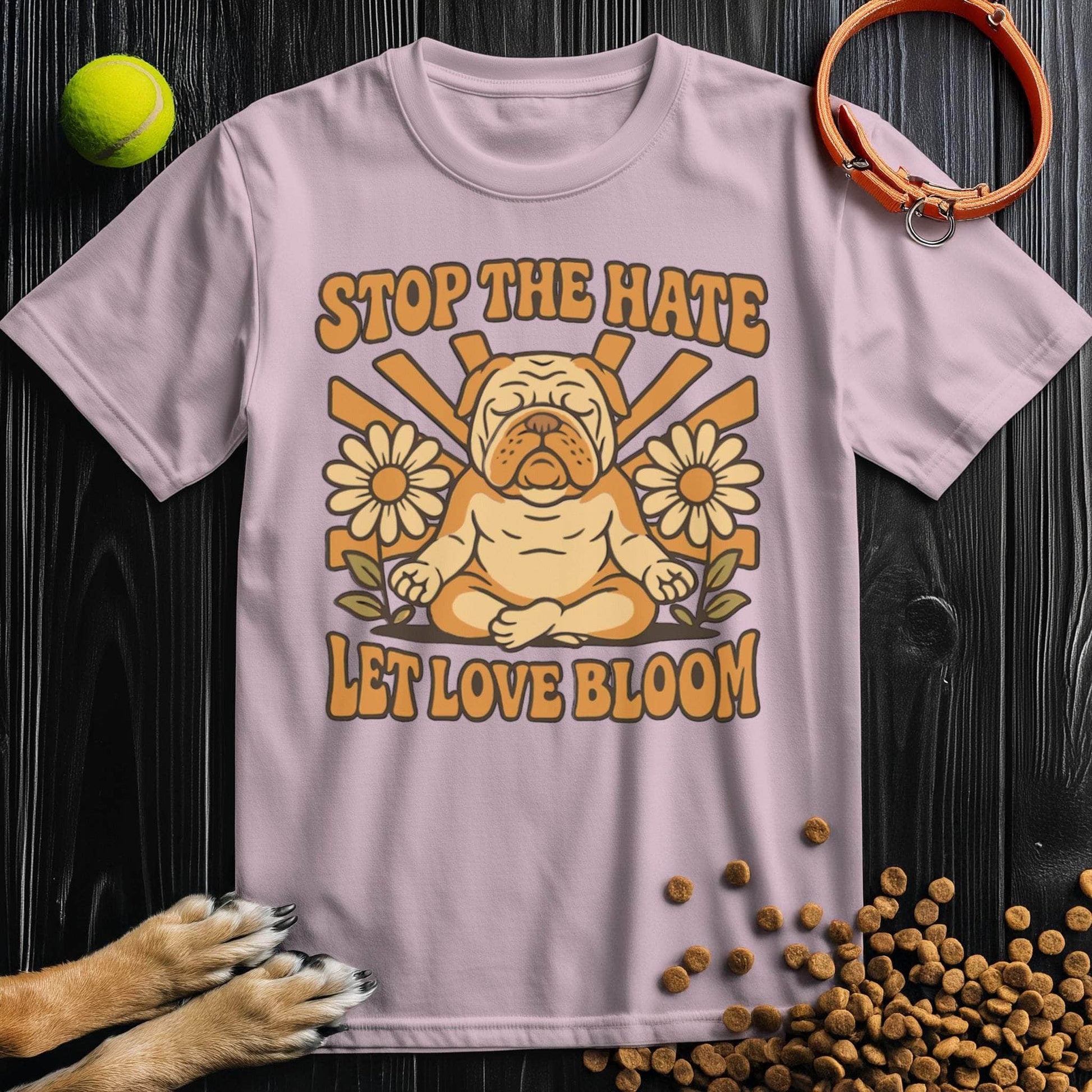 Love Bloom T-Shirt - Dog T-Shirts for Humans in light pink with meditating dog and daisy print, eco-friendly cotton, unisex style.