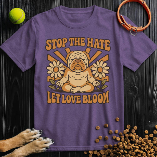 Love Bloom T-Shirt - Dog T-Shirts for Humans in purple with meditating bulldog and floral design, made from 100% cotton, unisex fit.