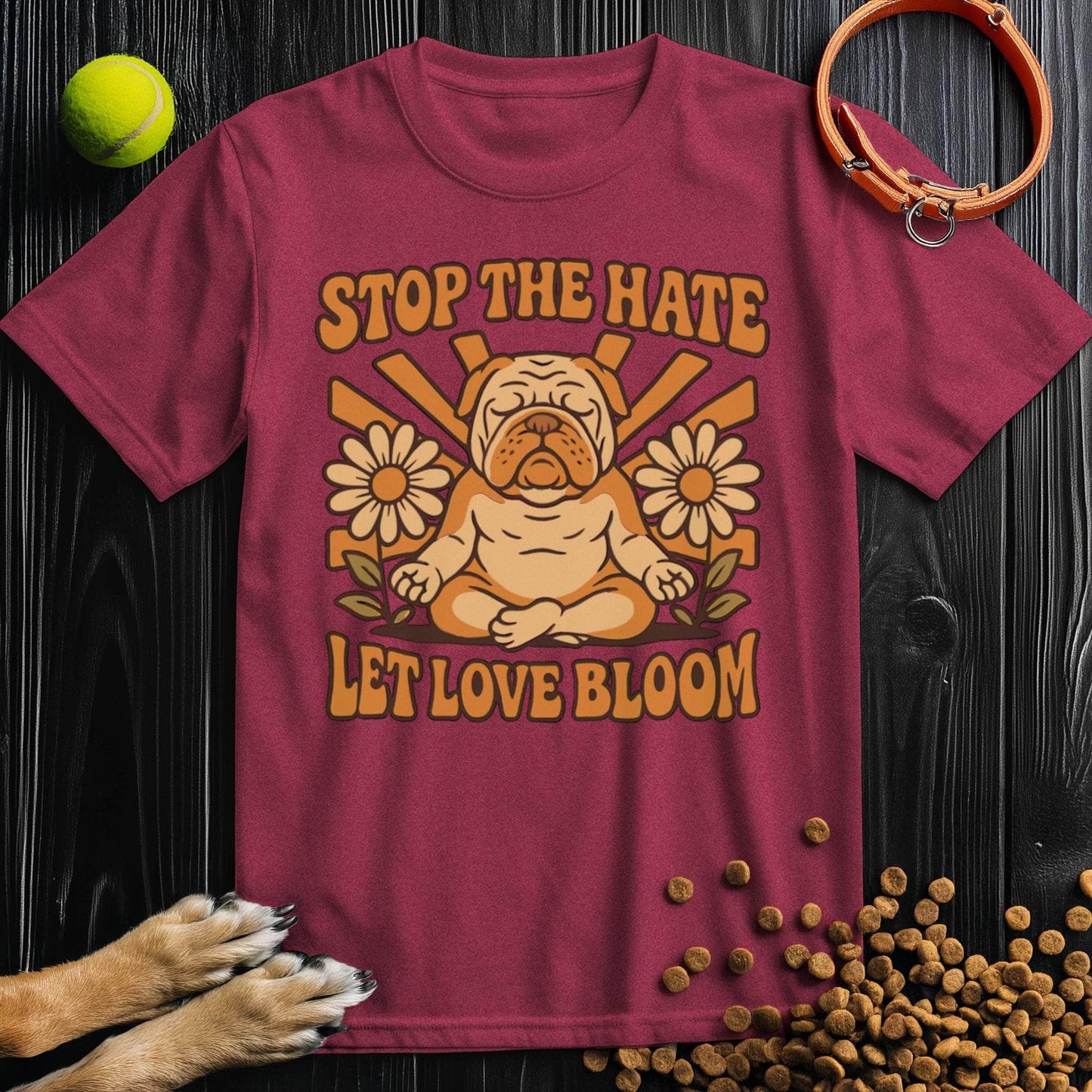 Love Bloom T-Shirt - Dog T-Shirts for Humans in maroon with peaceful bulldog and flower design, sustainable cotton, unisex wear.