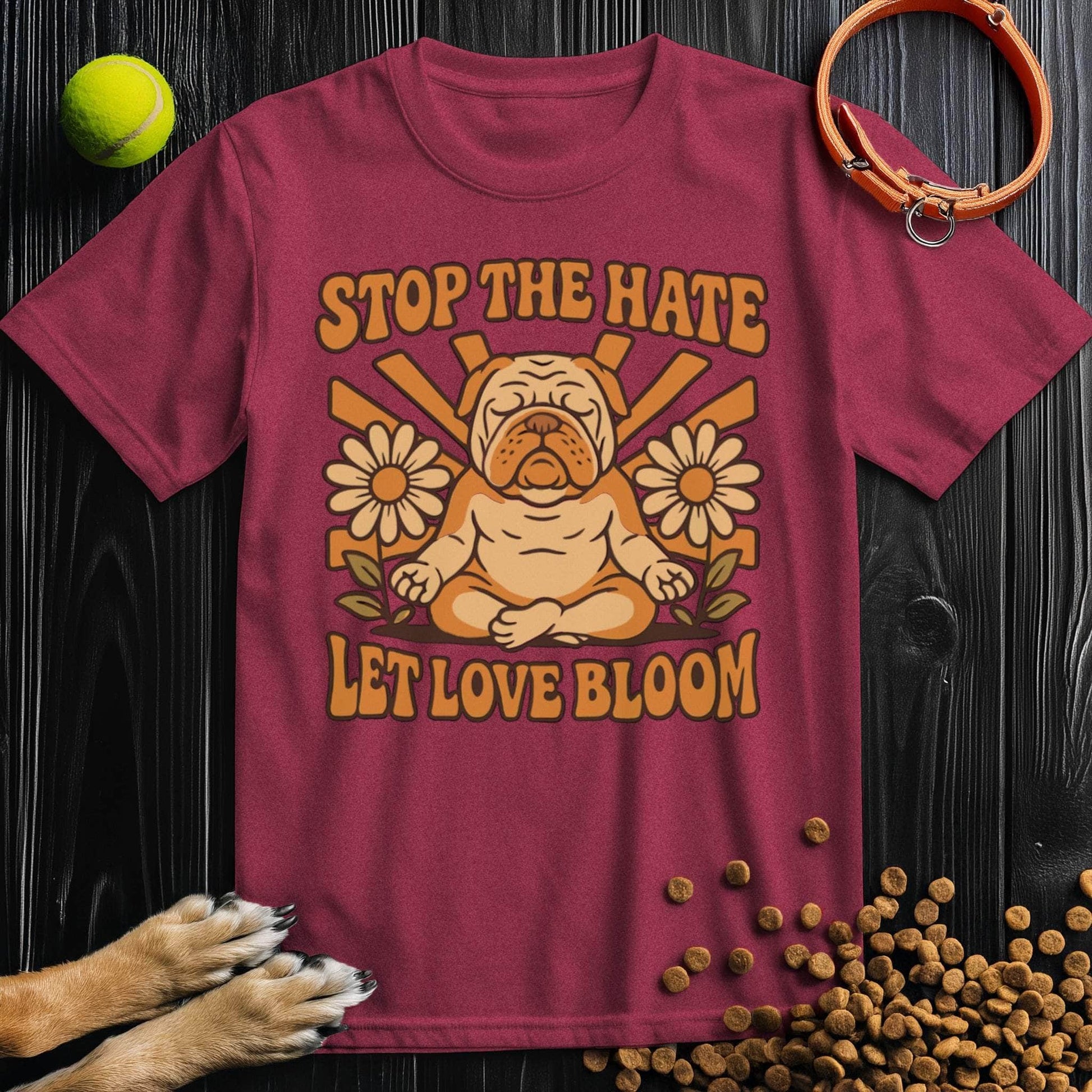 Love Bloom T-Shirt - Dog T-Shirts for Humans in maroon with peaceful bulldog and flower design, sustainable cotton, unisex wear.