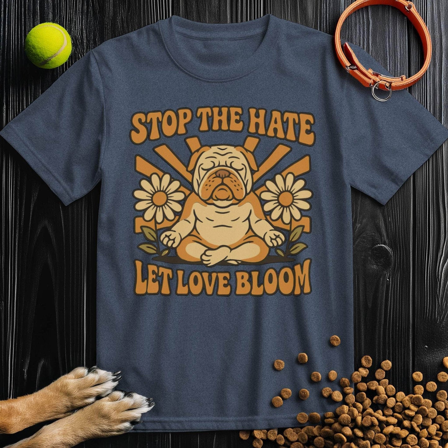 Love Bloom T-Shirt - Dog T-Shirts for Humans in navy blue with calm bulldog and daisy artwork, 100% cotton, unisex design.