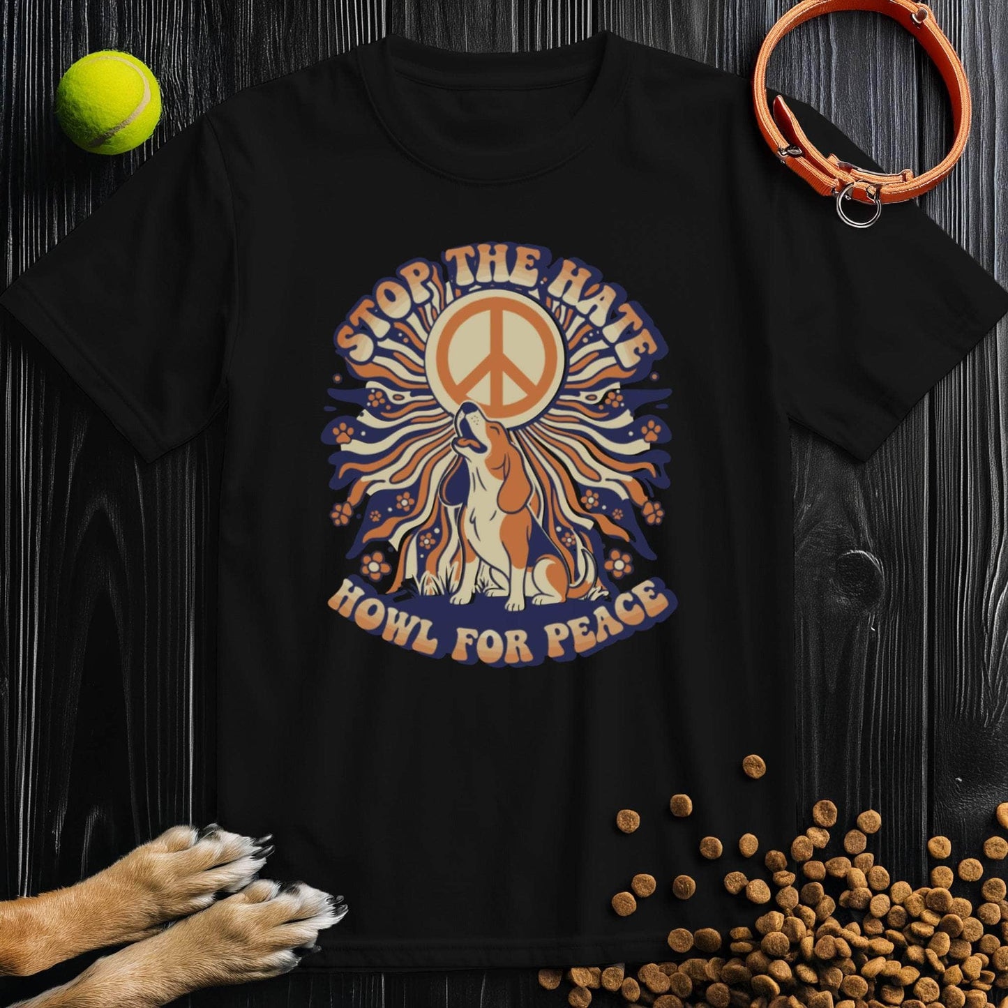 Black Howl For Peace T-Shirt featuring a howling dog and peace sign graphic. Unisex cotton tee ideal for dog lovers and casual wear.