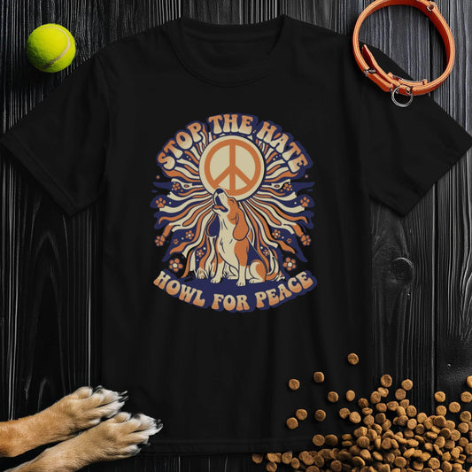 Black Howl For Peace T-Shirt featuring a howling dog and peace sign graphic. Unisex cotton tee ideal for dog lovers and casual wear.