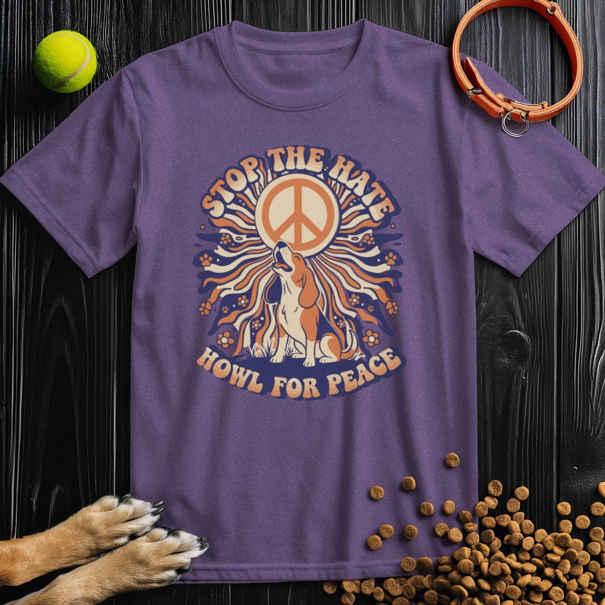 Purple Howl For Peace T-Shirt showcasing a howling dog and peace sign. Comfortable cotton shirt for dog lovers and casual fashion.