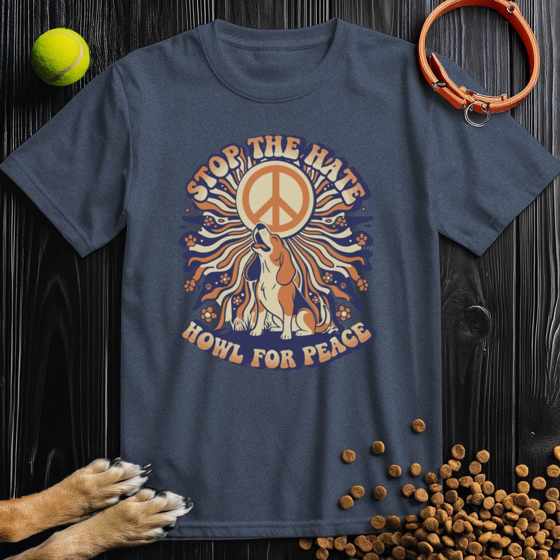 Navy blue Howl For Peace T-Shirt with retro dog and peace symbol print. Unisex cotton tee perfect for summer and pet enthusiasts.