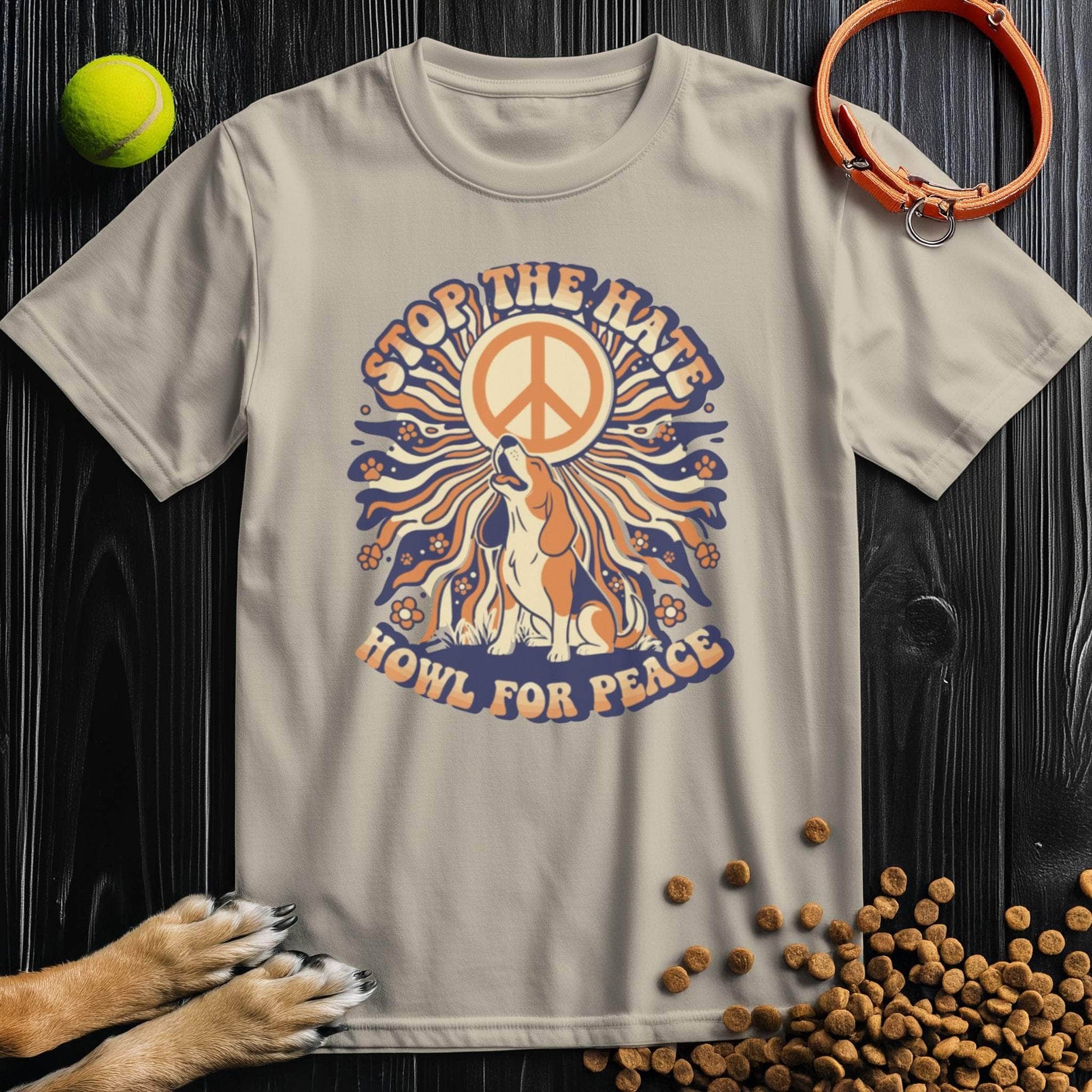 Beige Howl For Peace T-Shirt featuring a colorful howling dog and peace emblem. Soft cotton unisex shirt for dog fans and peace advocates.