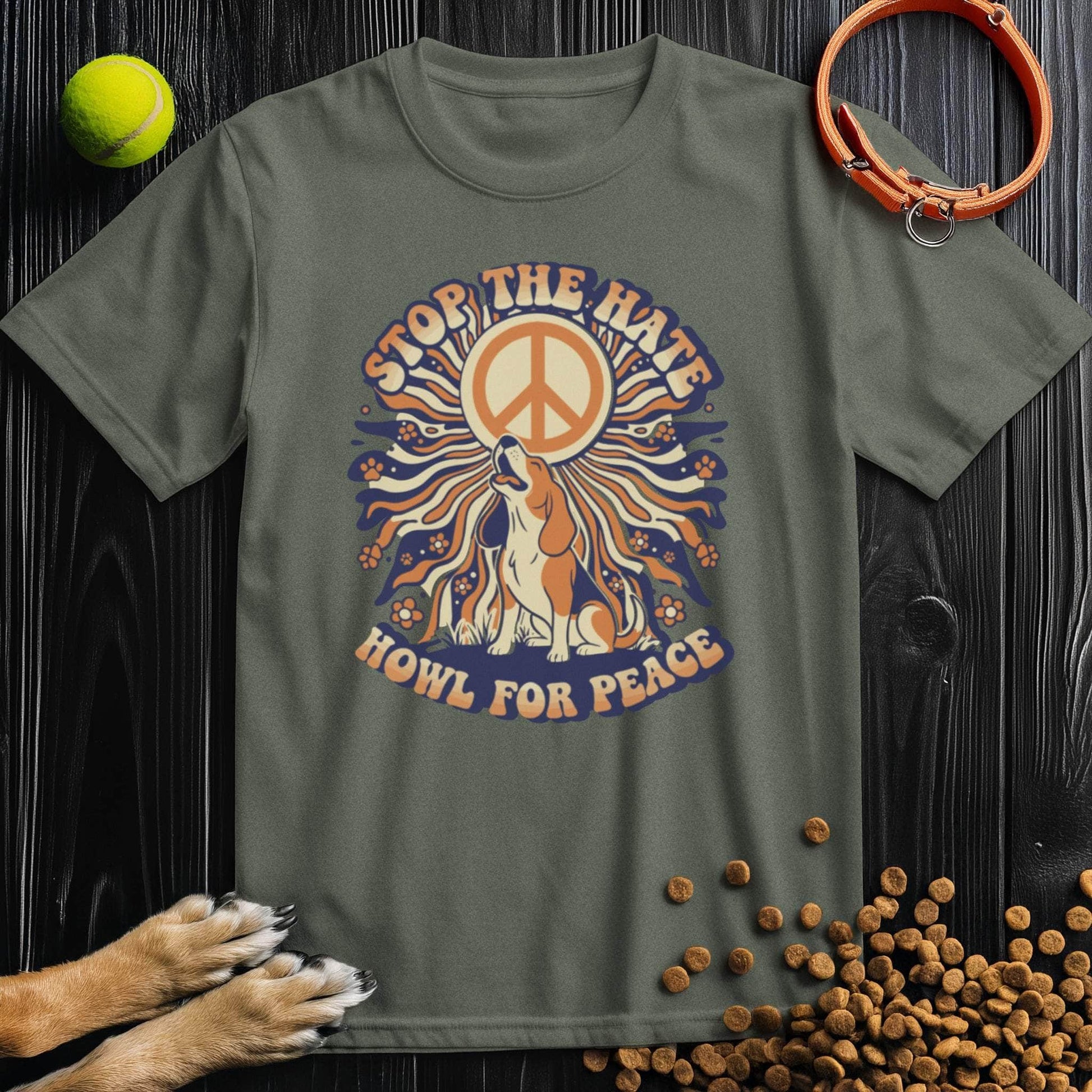 Olive green Howl For Peace T-Shirt with vibrant dog and peace artwork. Unisex cotton tee for animal lovers and everyday wear.