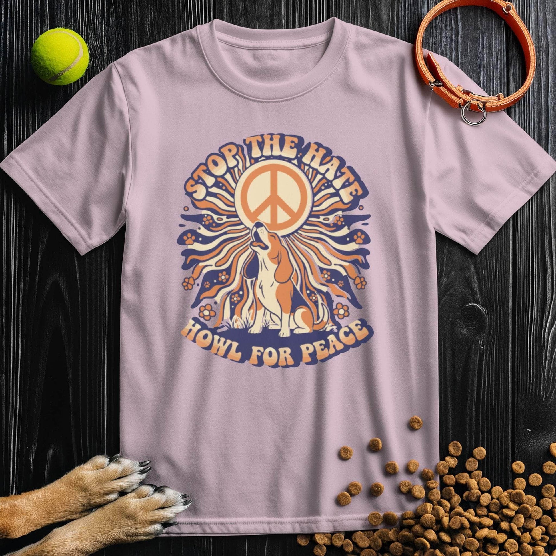 Light pink Howl For Peace T-Shirt with a retro dog and peace graphic. Unisex cotton shirt ideal for dog lovers and casual summer outfits.