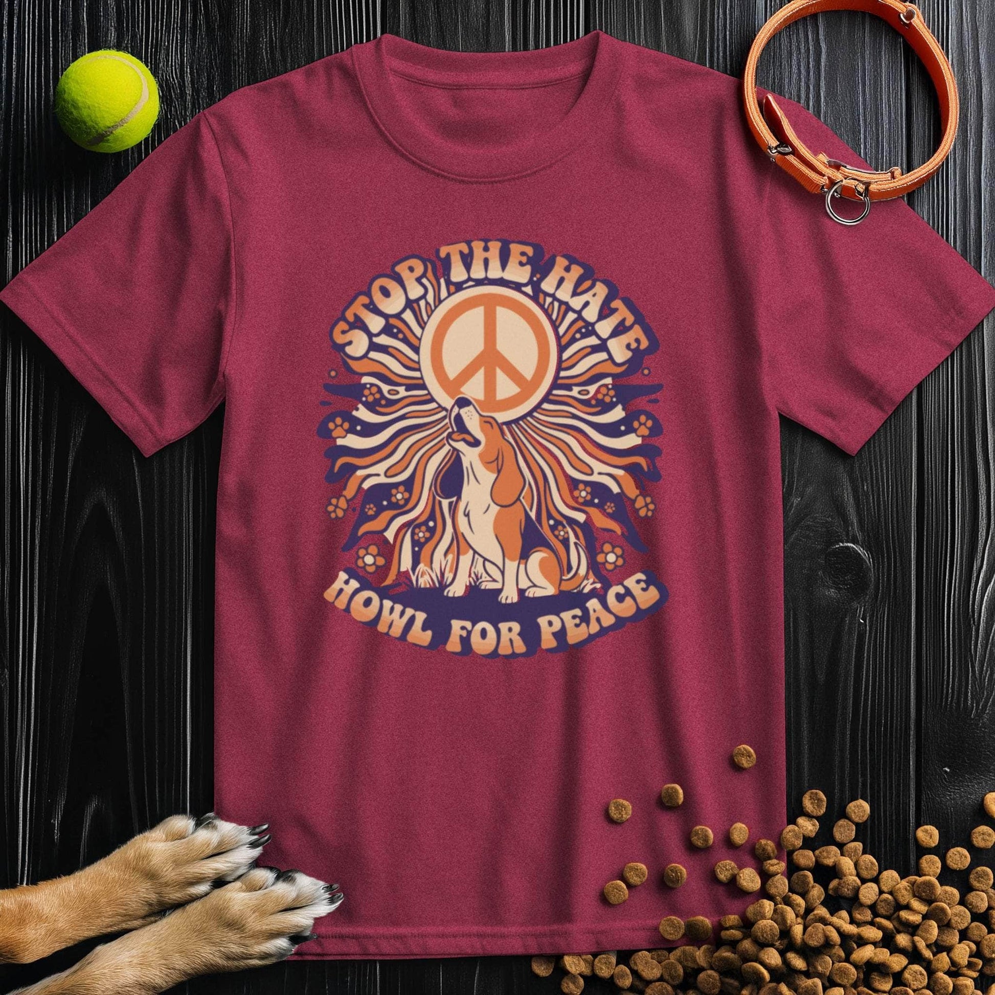 Maroon Howl For Peace T-Shirt with a bold dog and peace sign design. Stylish cotton tee for men and women who support kindness and dogs.