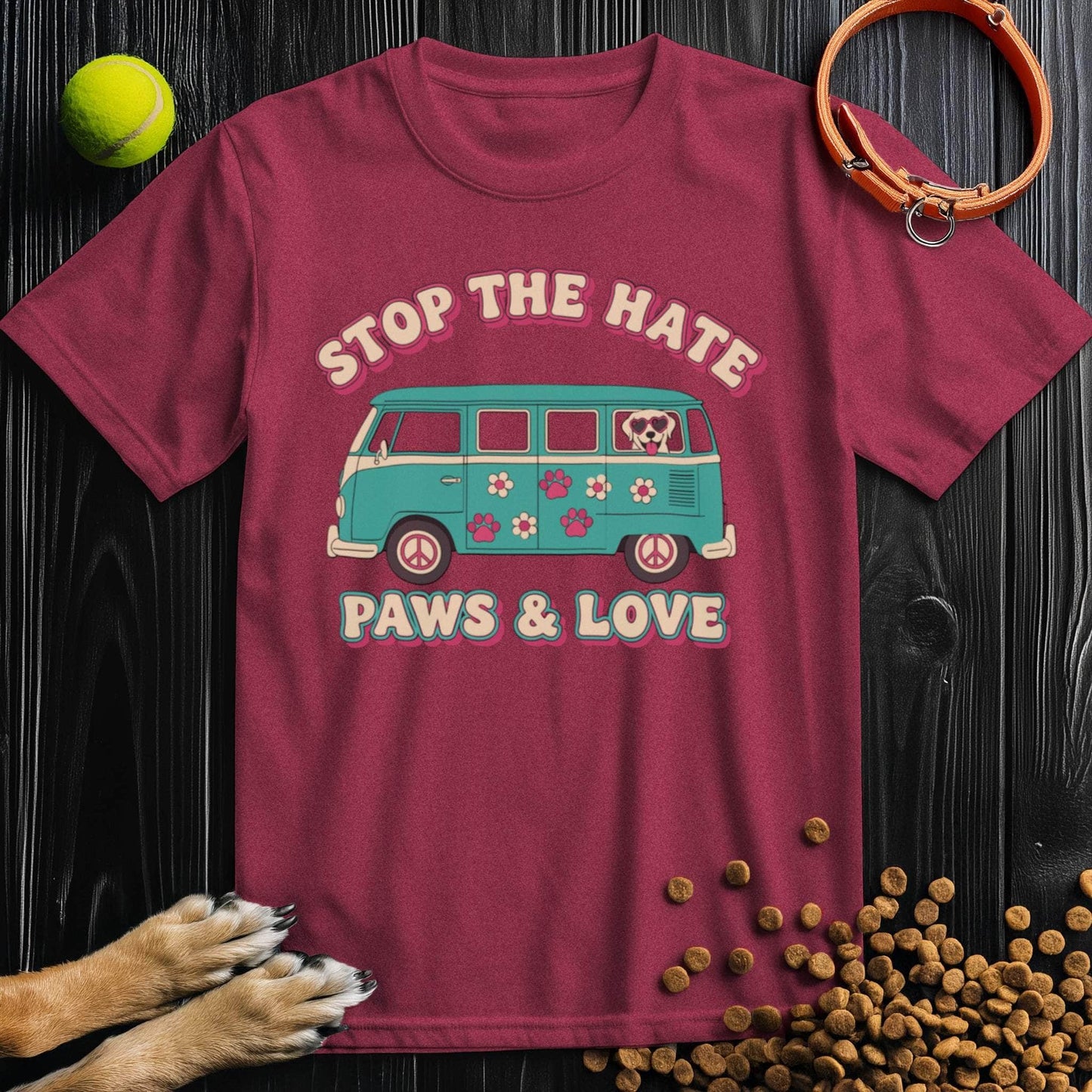 Maroon Paws & Love T-Shirt with dog and van design, crafted in soft cotton. Crew neck unisex tee for dog lovers and casual wear.