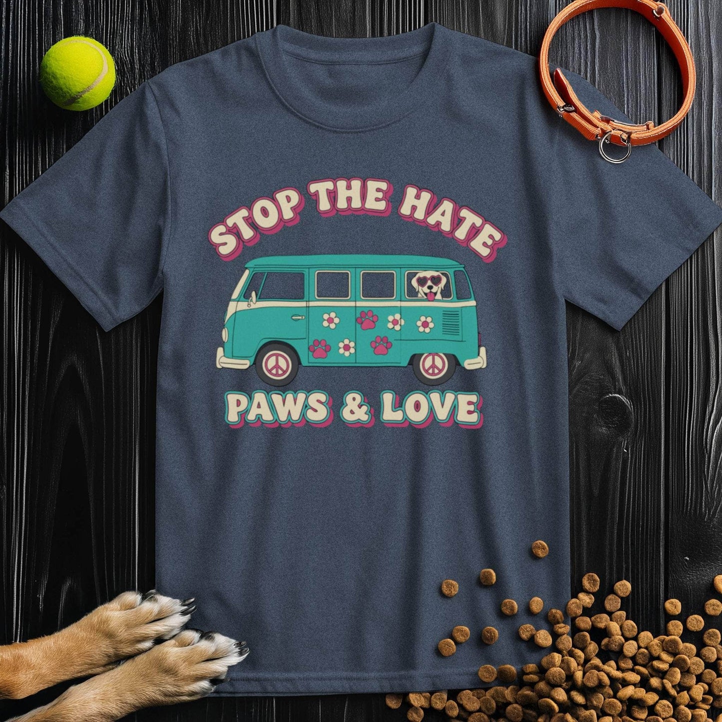 Navy blue Paws & Love T-Shirt with playful dog and van print. Unisex cotton tee, great for casual wear and pet-friendly fashion.