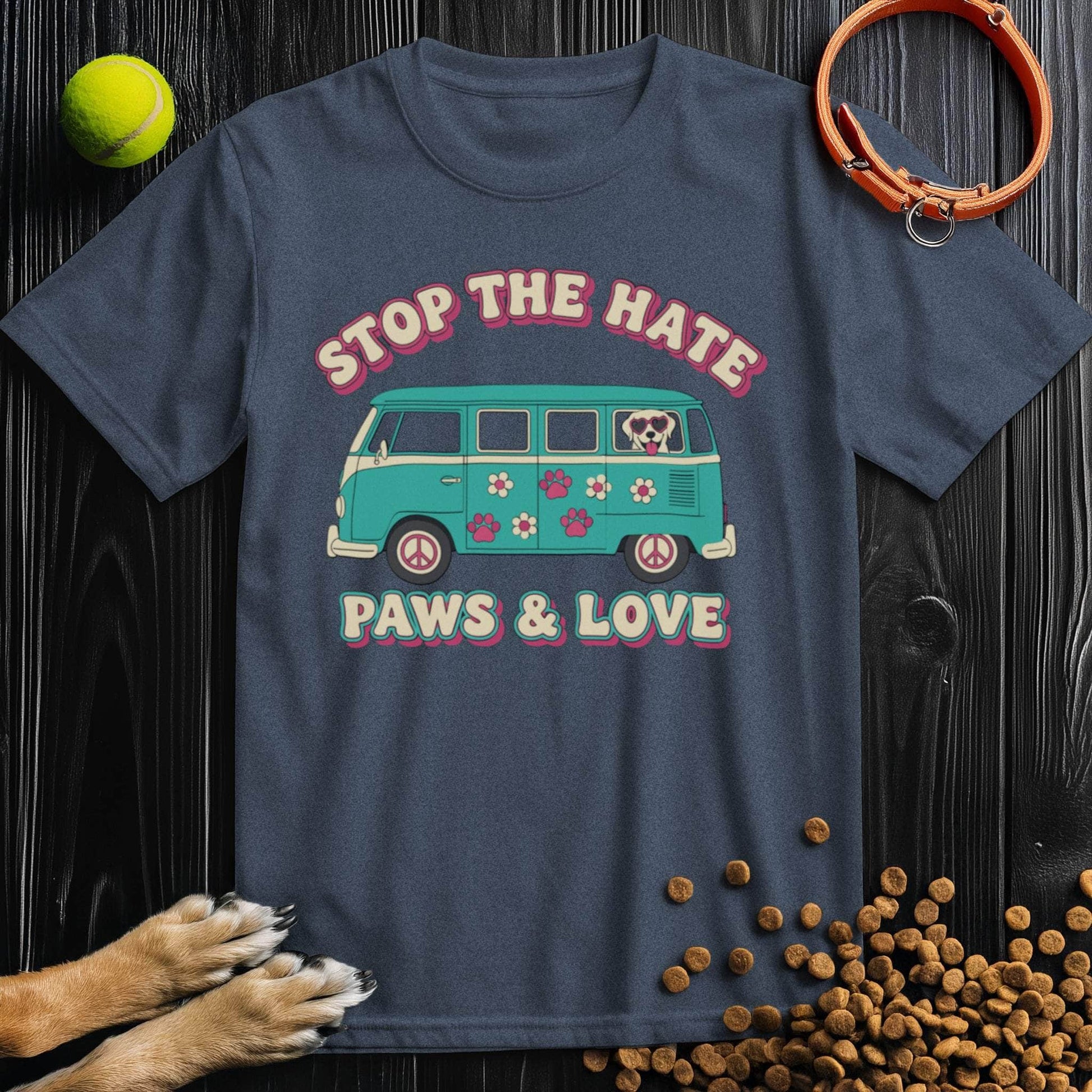 Navy blue Paws & Love T-Shirt with playful dog and van print. Unisex cotton tee, great for casual wear and pet-friendly fashion.