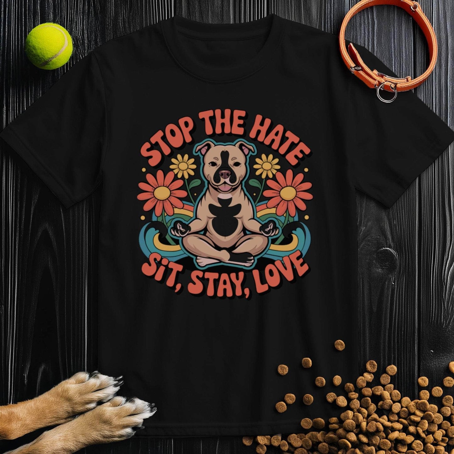 Black Sit, Stay, Love T-Shirt with vibrant dog and floral graphic. Stylish 100% cotton dog t-shirt for animal lovers and everyday fashion.