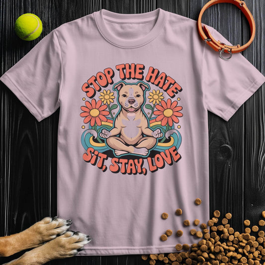 Light pink Sit, Stay, Love T-Shirt featuring a meditating dog with floral design. 100% cotton, ethical dog-themed apparel for pet lovers.