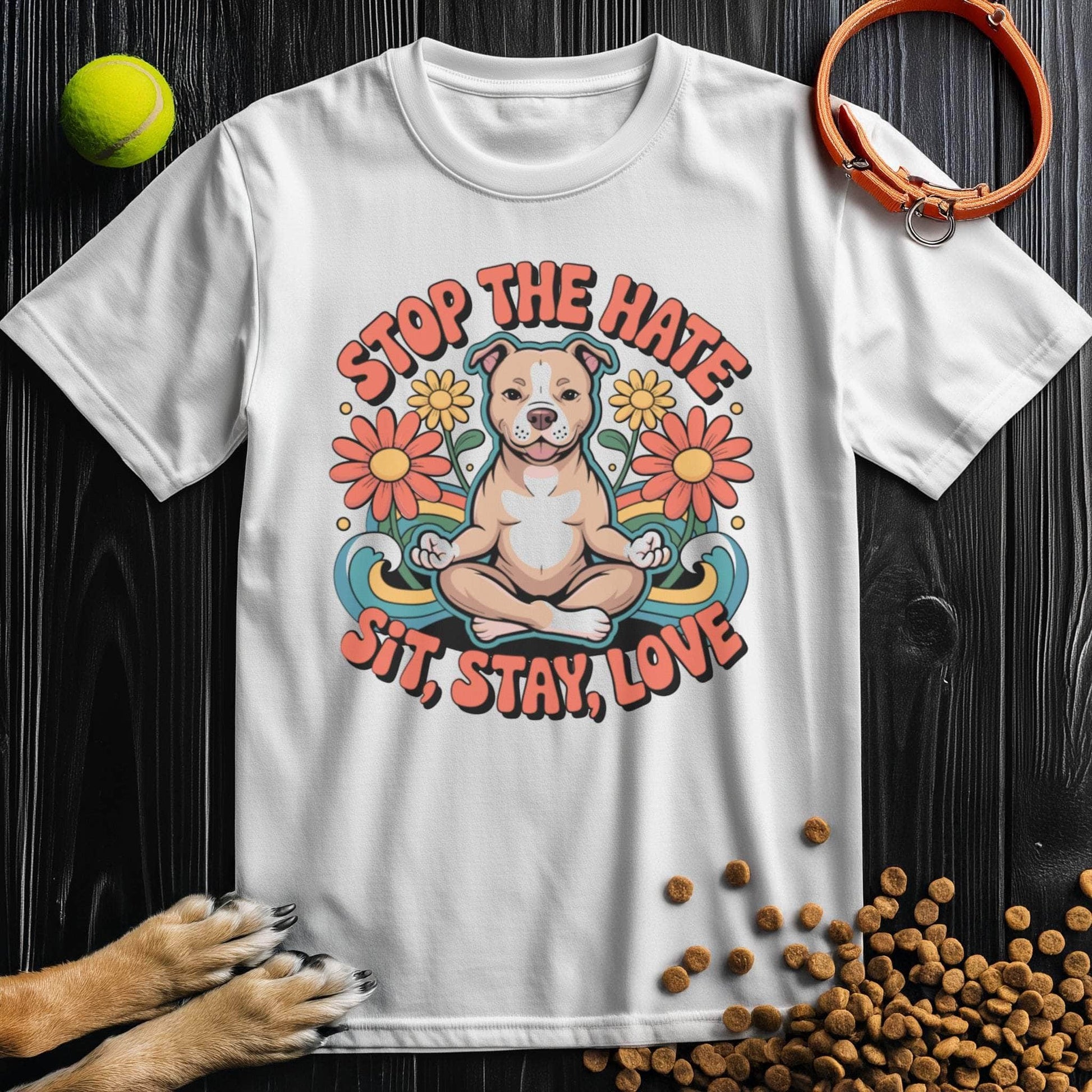 White Sit, Stay, Love T-Shirt with colorful dog and flower print. Ethically made cotton tee perfect for dog enthusiasts and casual wear.