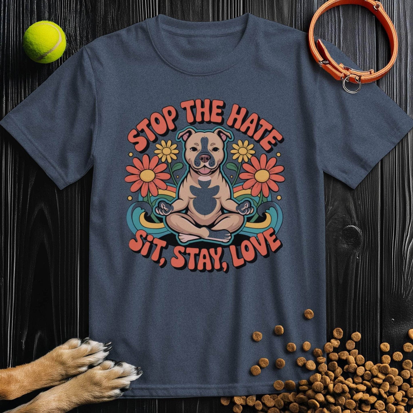 Navy blue Sit, Stay, Love T-Shirt showcasing a peaceful dog and flowers. Ethical cotton tee ideal for dog lovers and summer outfits.