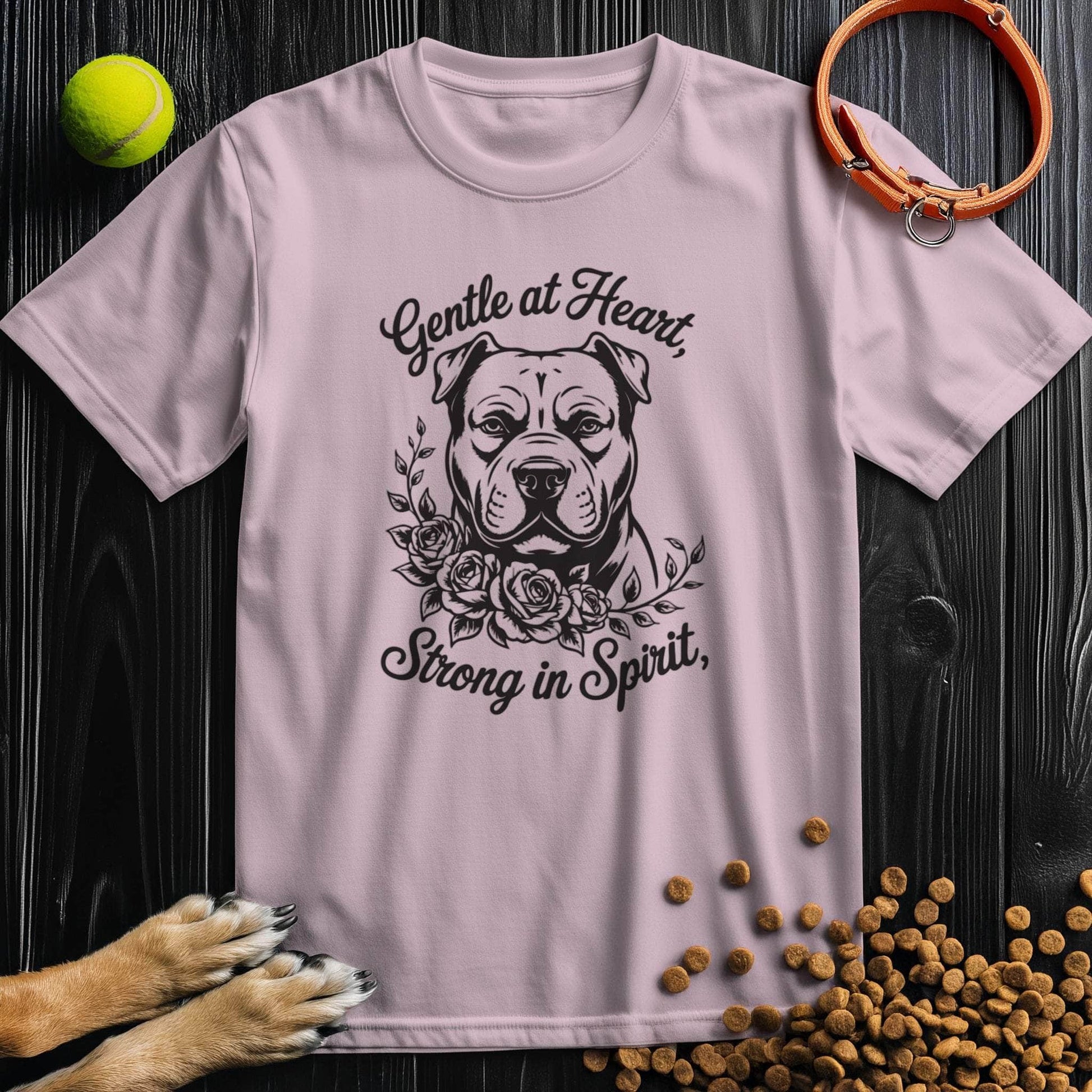 Light pink Gentle At Heart T-Shirt featuring a bulldog and floral motif. Soft cotton unisex tee for dog lovers, perfect for summer.