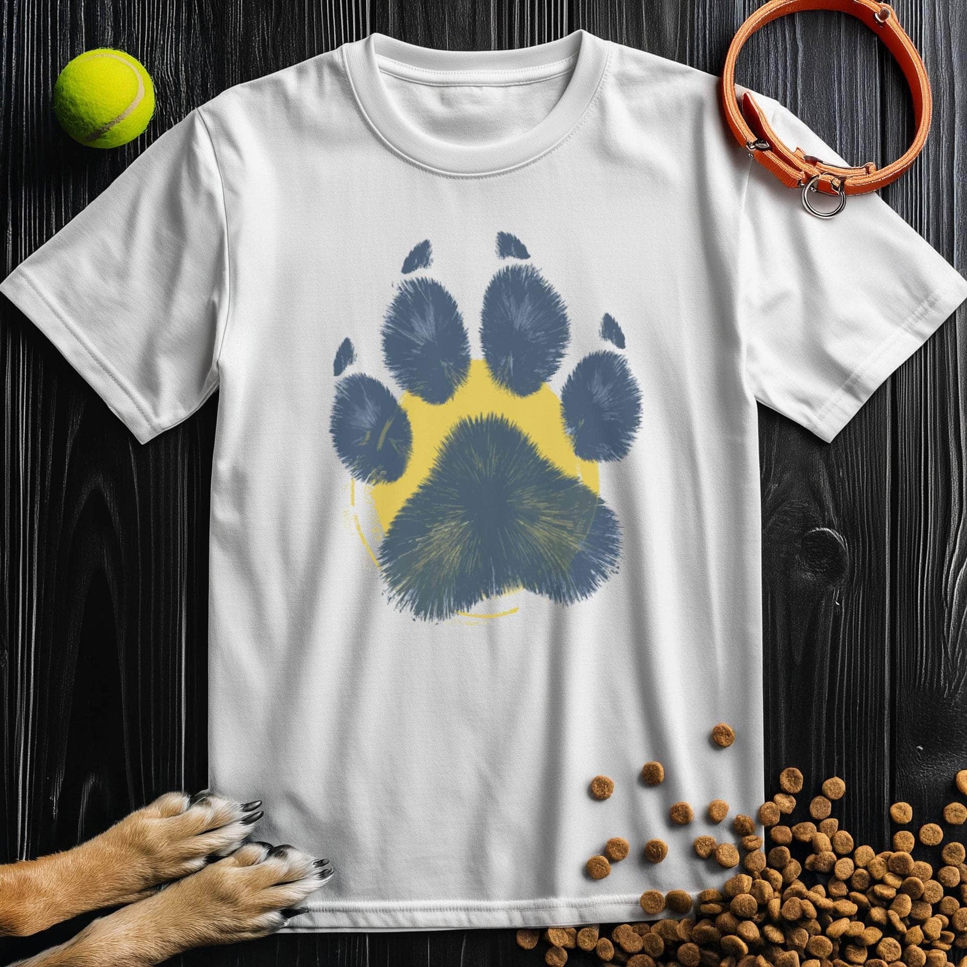 White Painter’s Paw T-Shirt featuring bold blue paw print over yellow circle. Unisex cotton tee ideal for dog lovers and everyday comfort.