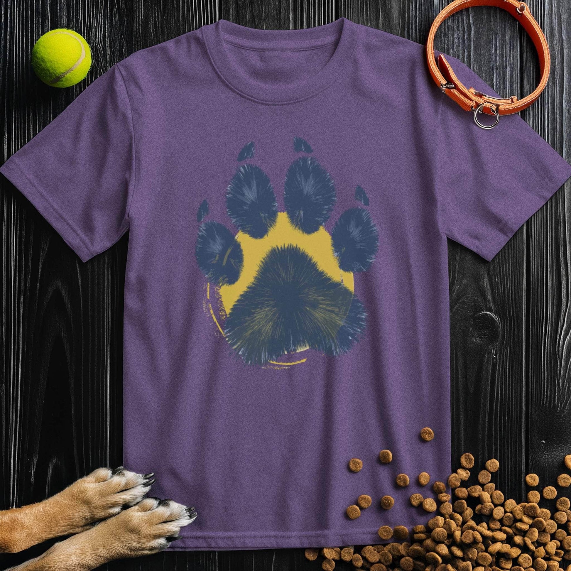 Purple Painter’s Paw T-Shirt with vibrant blue paw print design. Unisex cotton shirt for dog enthusiasts, ideal for casual and summer wear.
