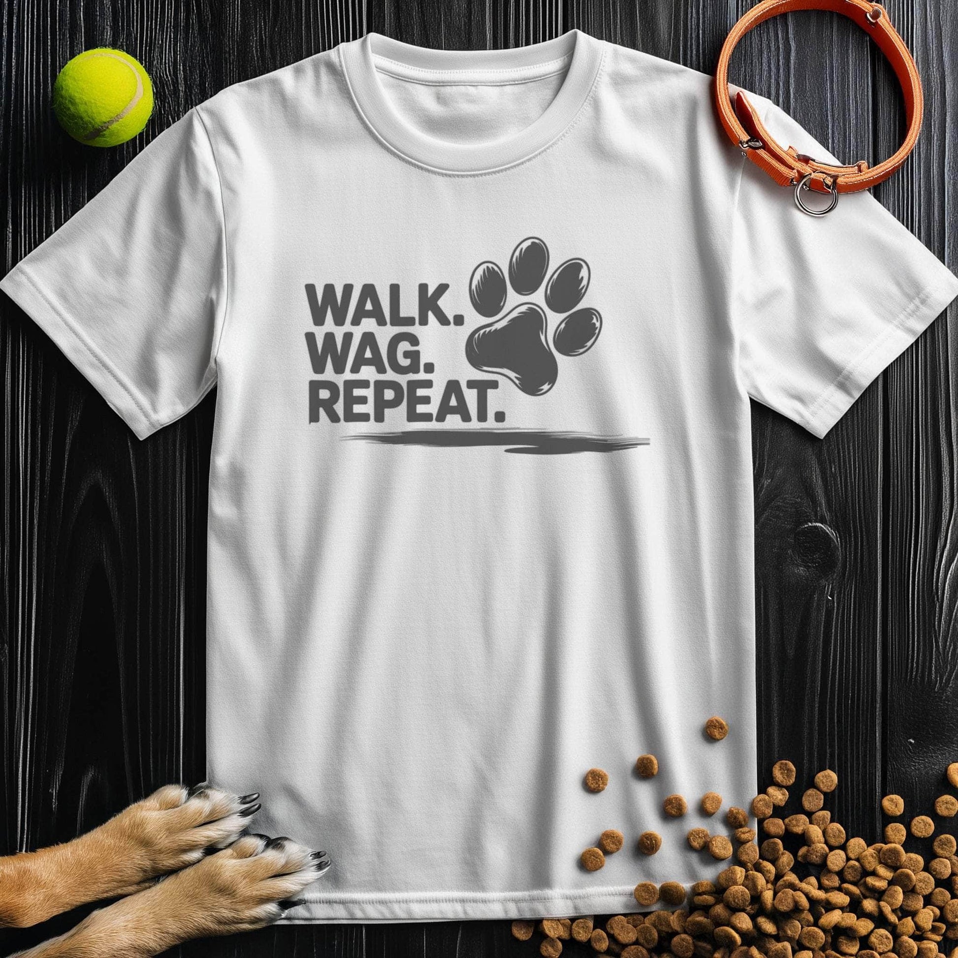 White Walk Wag Repeat T-Shirt featuring bold paw print graphic, ideal for dog lovers, made from soft 100% cotton fabric.