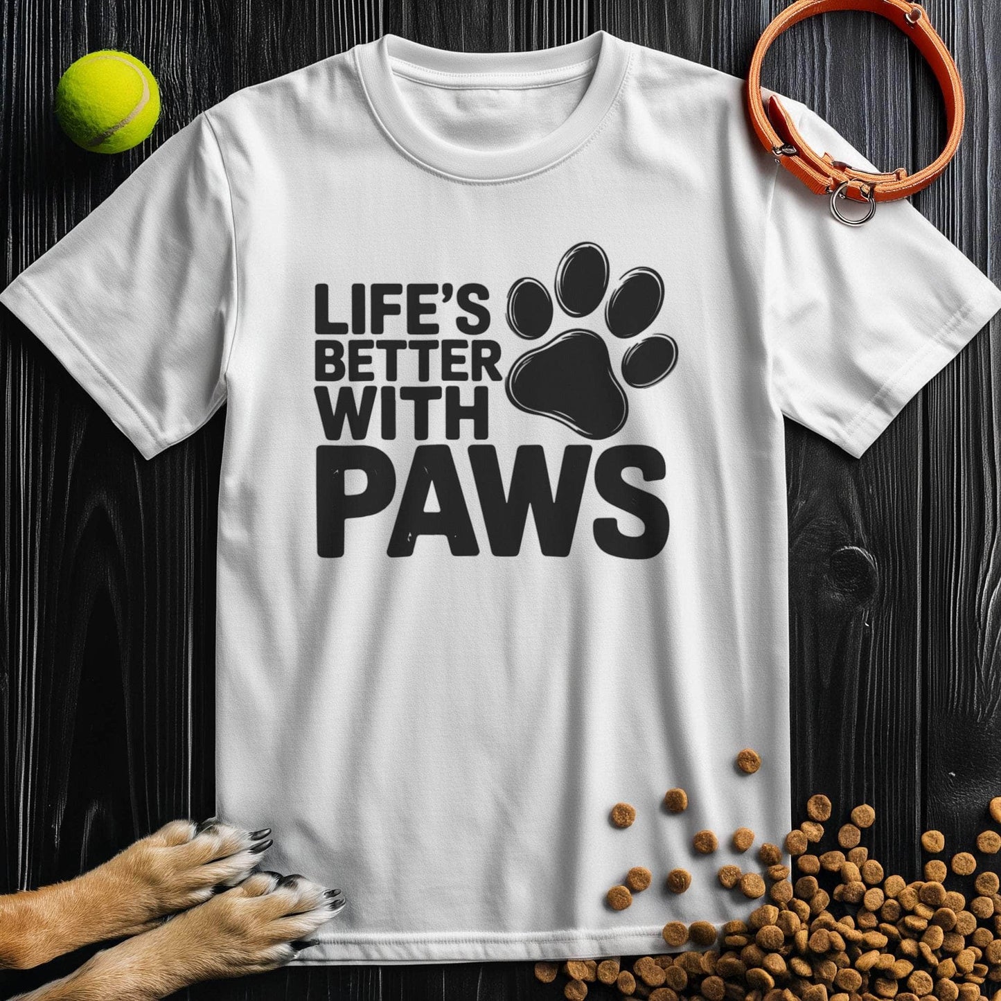White Paw T-Shirt with black 'Life's Better With Paws' text and paw graphic. Soft cotton crew neck tee for dog lovers.