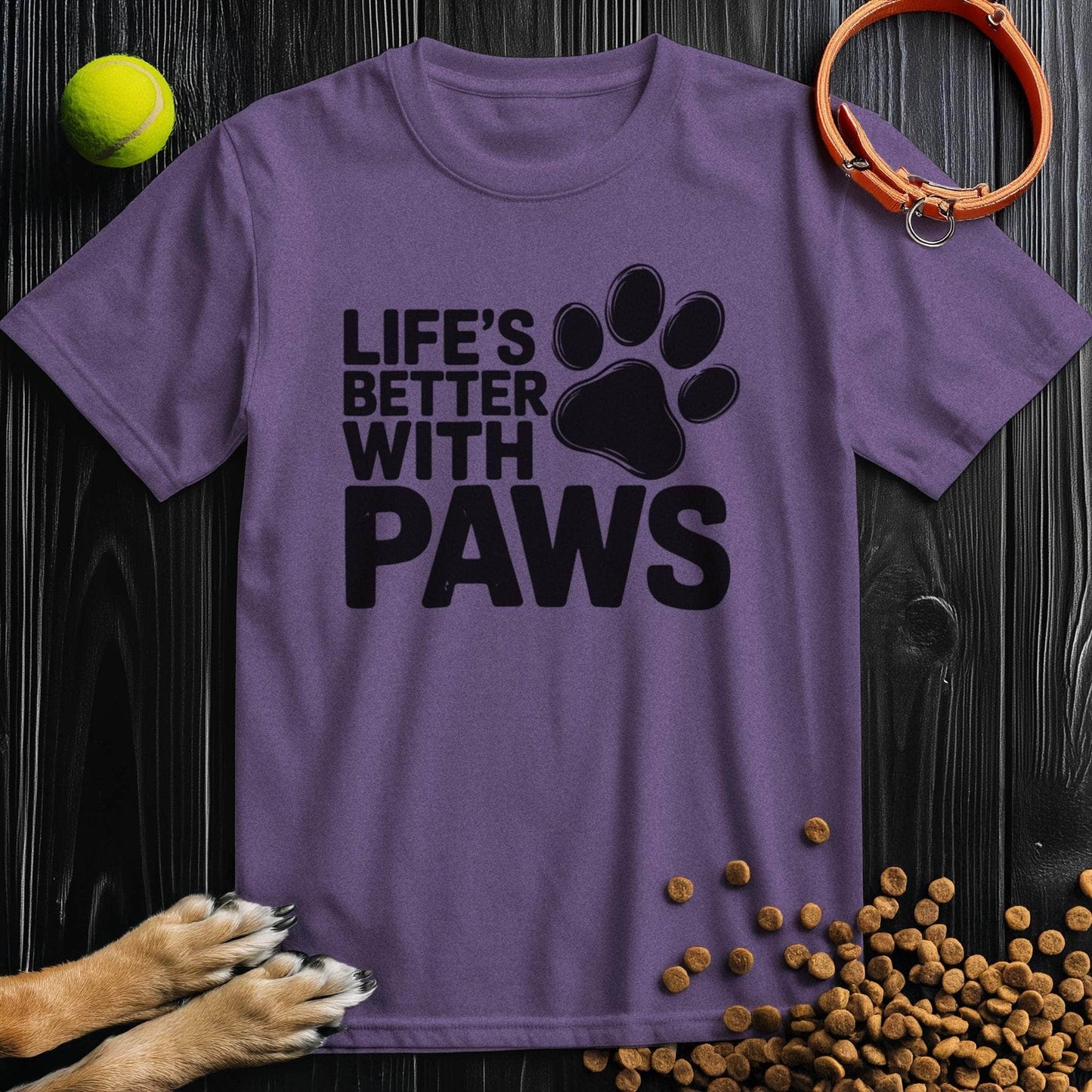 Purple Paw T-Shirt with black 'Life's Better With Paws' print. Stylish cotton crew neck tee for pet lovers.