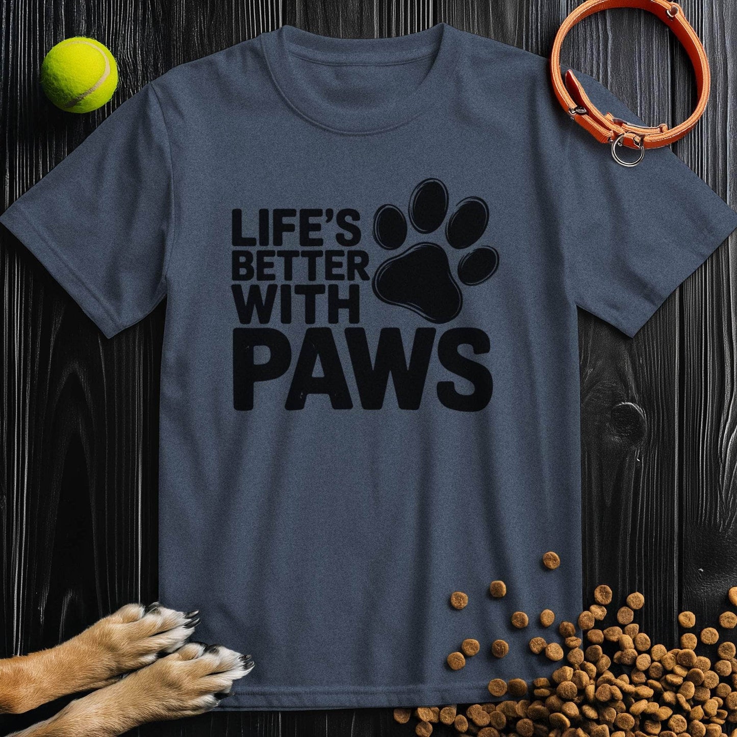 Navy blue Paw T-Shirt with black 'Life's Better With Paws' design. Comfortable cotton tee perfect for dog enthusiasts.