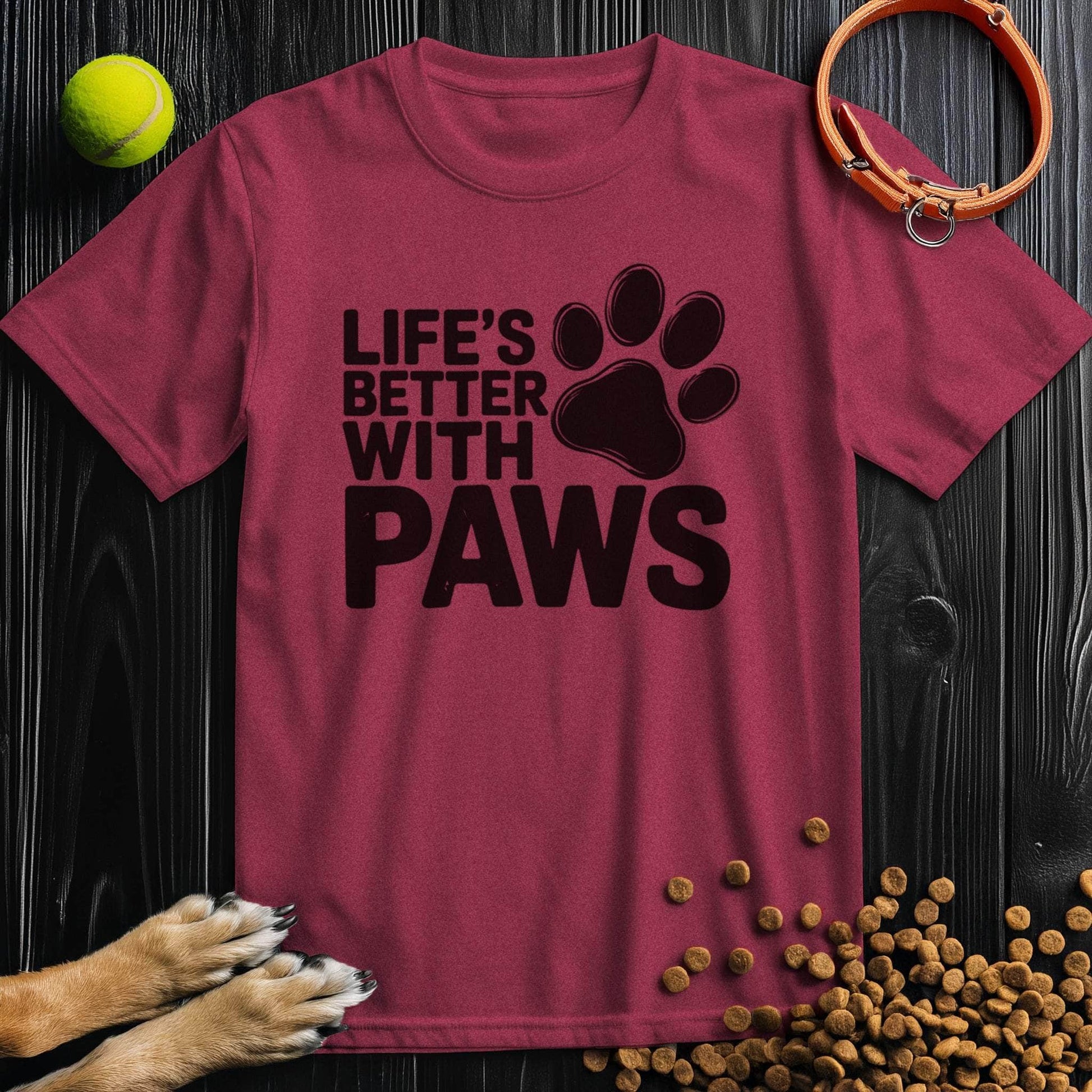 Maroon Paw T-Shirt with black 'Life's Better With Paws' design. Cotton crew neck tee ideal for dog-loving fashion.