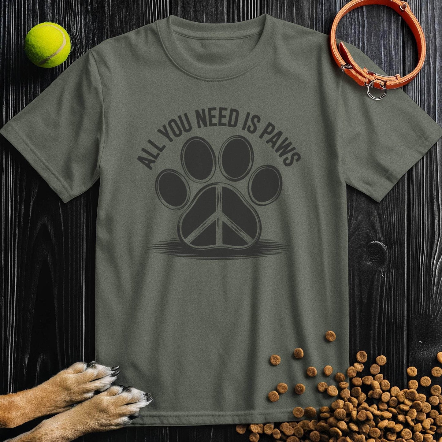Olive green All You Need Is Paws T-Shirt with black paw and peace sign graphic, made from US-grown cotton. A comfy choice for animal lovers.