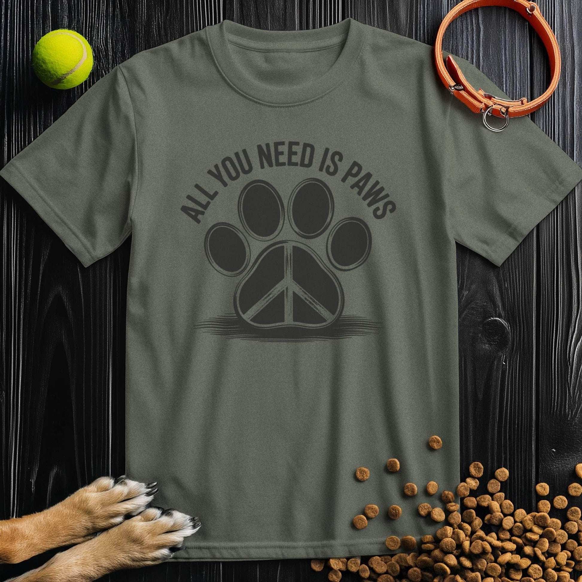 Olive green All You Need Is Paws T-Shirt with black paw and peace sign graphic, made from US-grown cotton. A comfy choice for animal lovers.