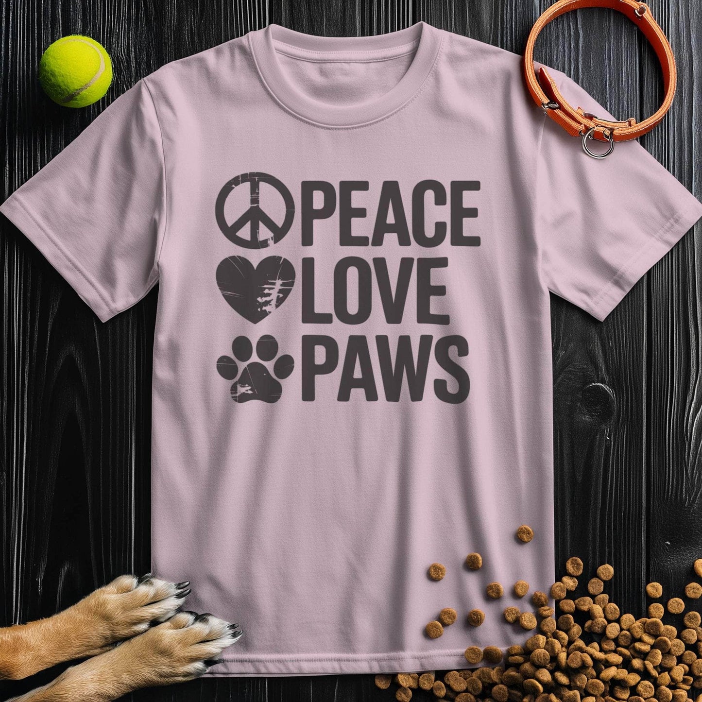 Pink Peace Love Paws T-Shirt - Dog Tee Shirts | Cotton Comfort in soft pastel pink with black design, perfect for pet-friendly fashion.