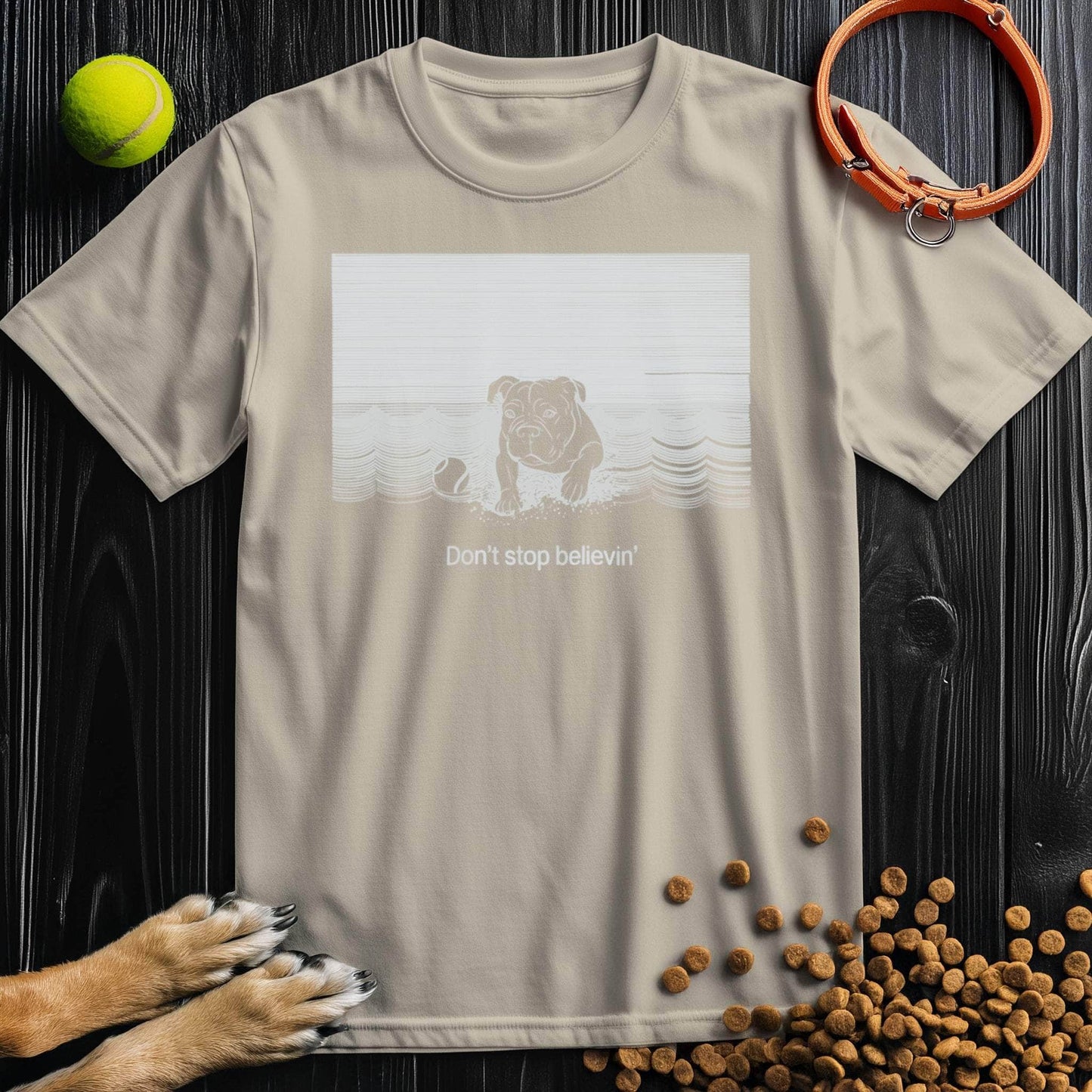 Beige Dog T-Shirt with retro dog print and inspirational text. Comfortable 100% cotton unisex shirt for casual wear.