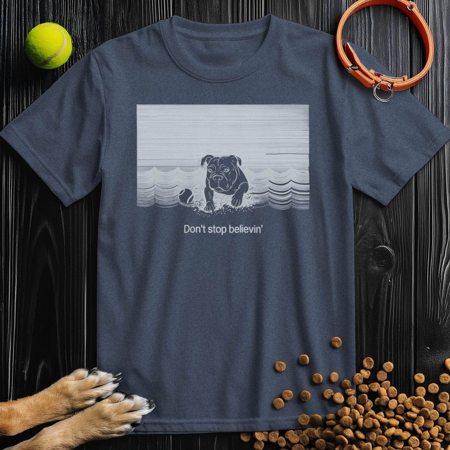 Navy blue Dog T-Shirt with 'Don't Stop Believin' text and dog illustration. Unisex 100% cotton shirt ideal for dog lovers.
