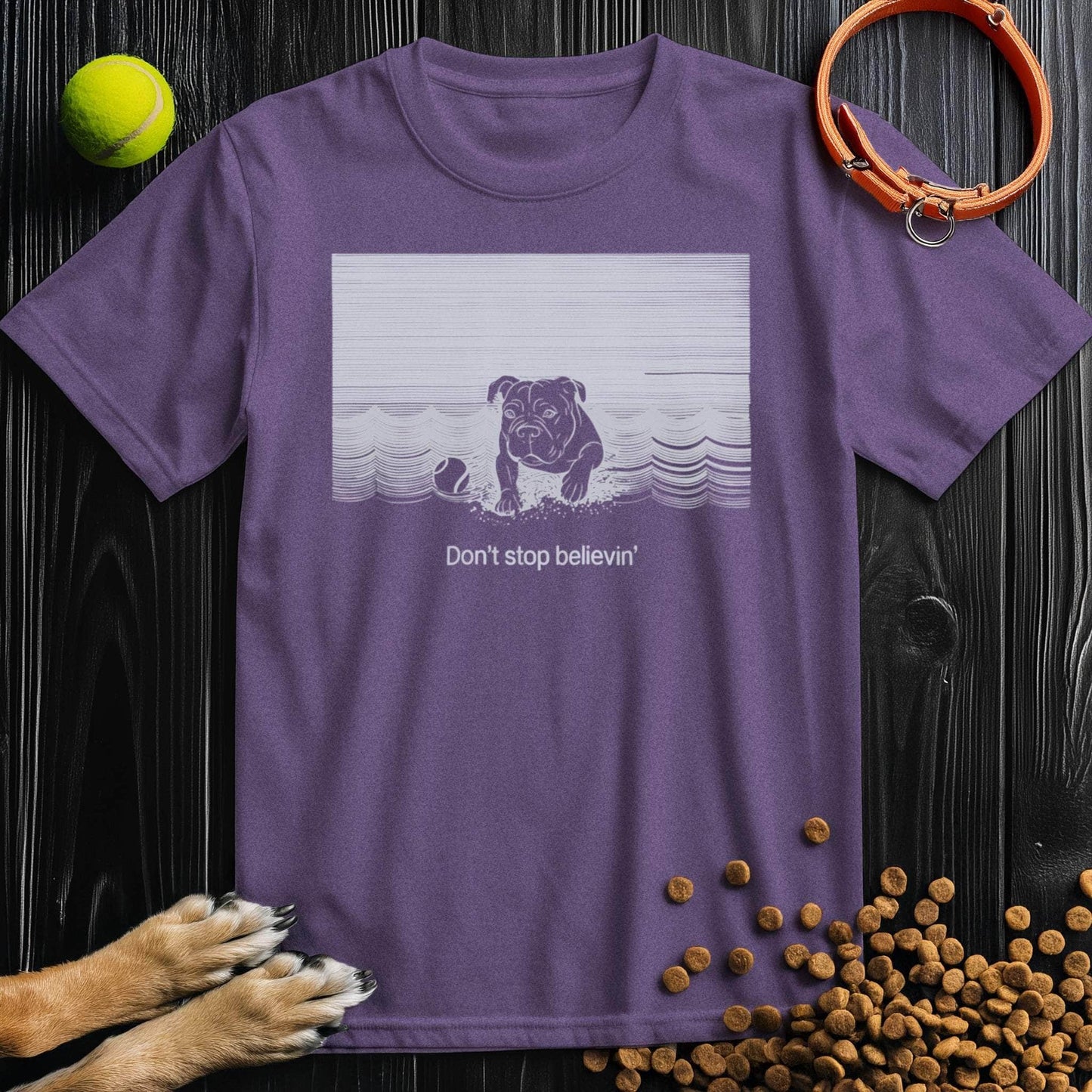 Purple unisex Dog T-Shirt with vintage dog design and motivational quote. Ethically made 100% cotton dog themed apparel.