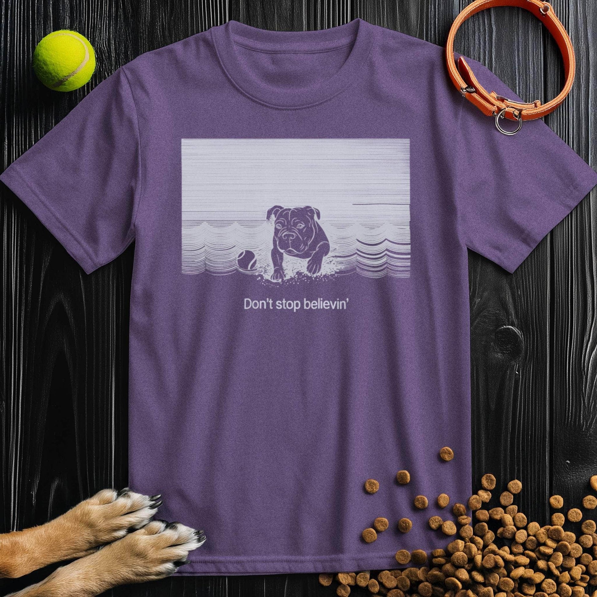 Purple unisex Dog T-Shirt with vintage dog design and motivational quote. Ethically made 100% cotton dog themed apparel.
