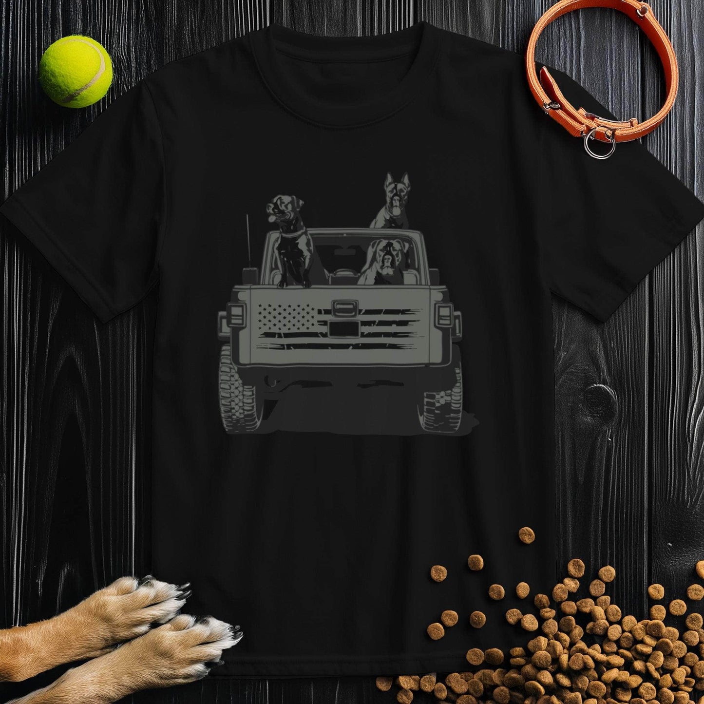 Black Freedom Ride Dog T-Shirt showcasing dogs in a jeep with subtle flag print. Stylish and eco-friendly cotton shirt for pet enthusiasts.