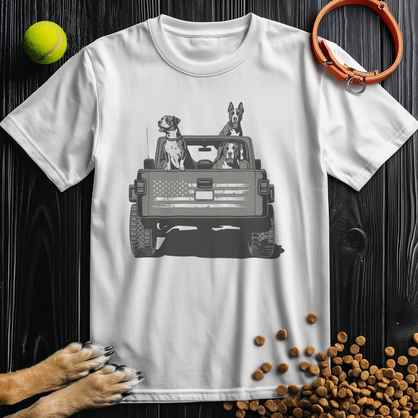 White Freedom Ride Dog T-Shirt with dog trio in a jeep and American flag graphic. Soft cotton fabric ideal for dog lovers.
