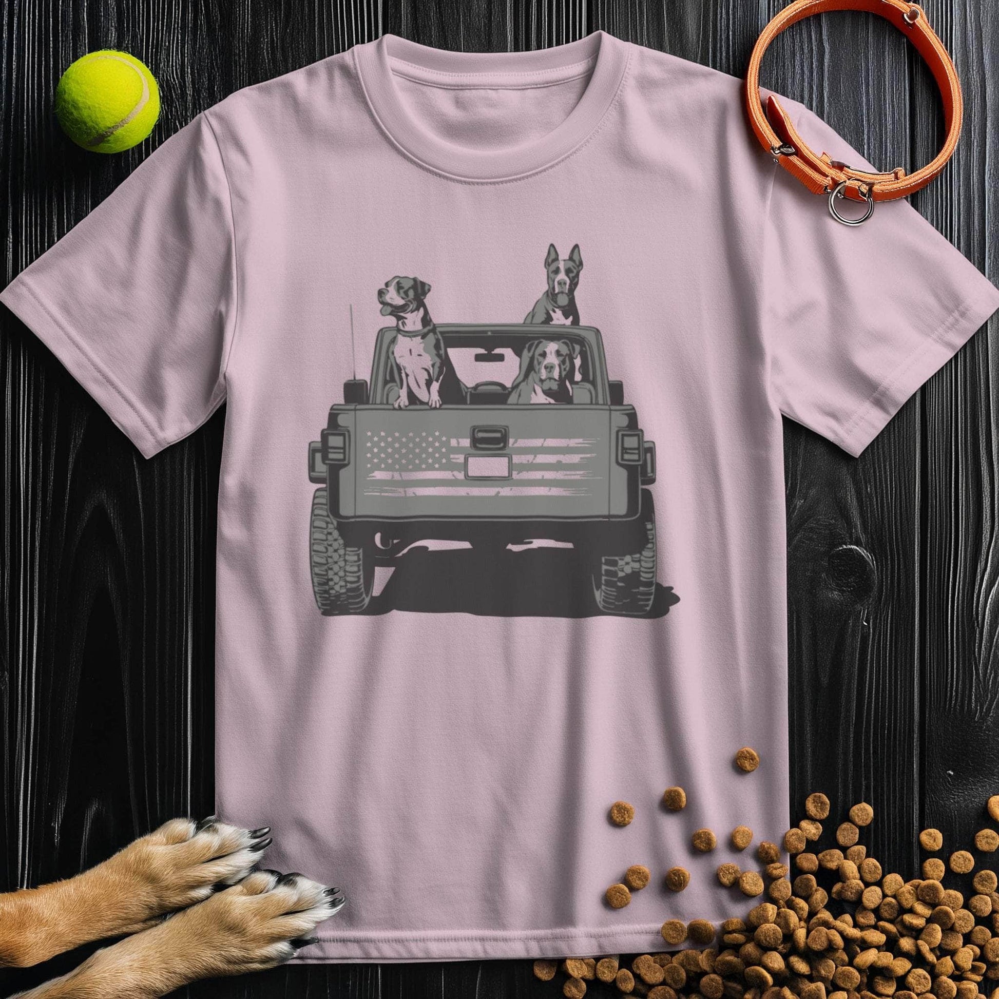 Pink Freedom Ride Dog T-Shirt featuring dogs in a jeep with flag detail. Soft cotton tee combining style and pet-friendly charm.