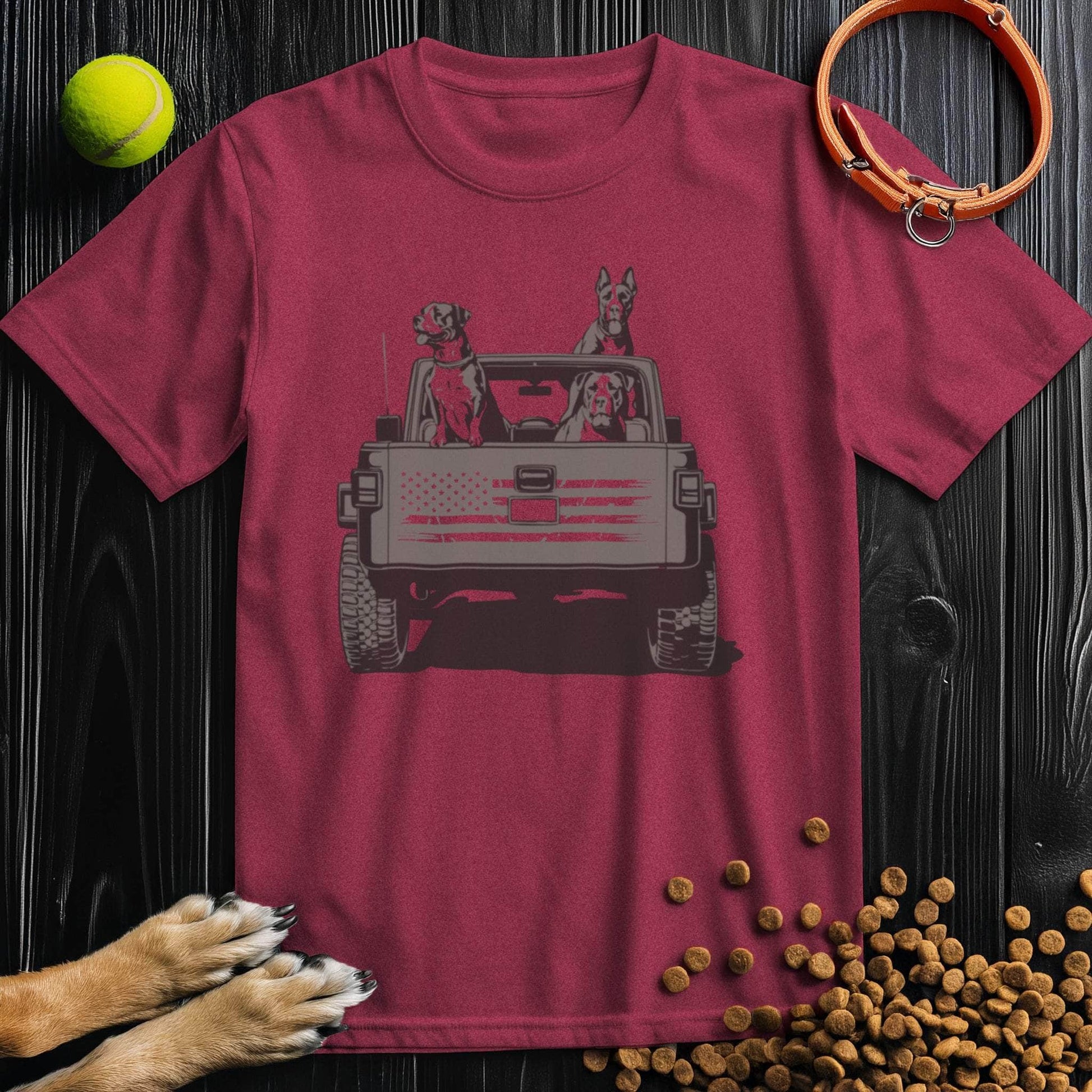 Red Freedom Ride Dog T-Shirt with bold dog and jeep graphic. Ideal for casual outings, made with eco-conscious cotton fabric.