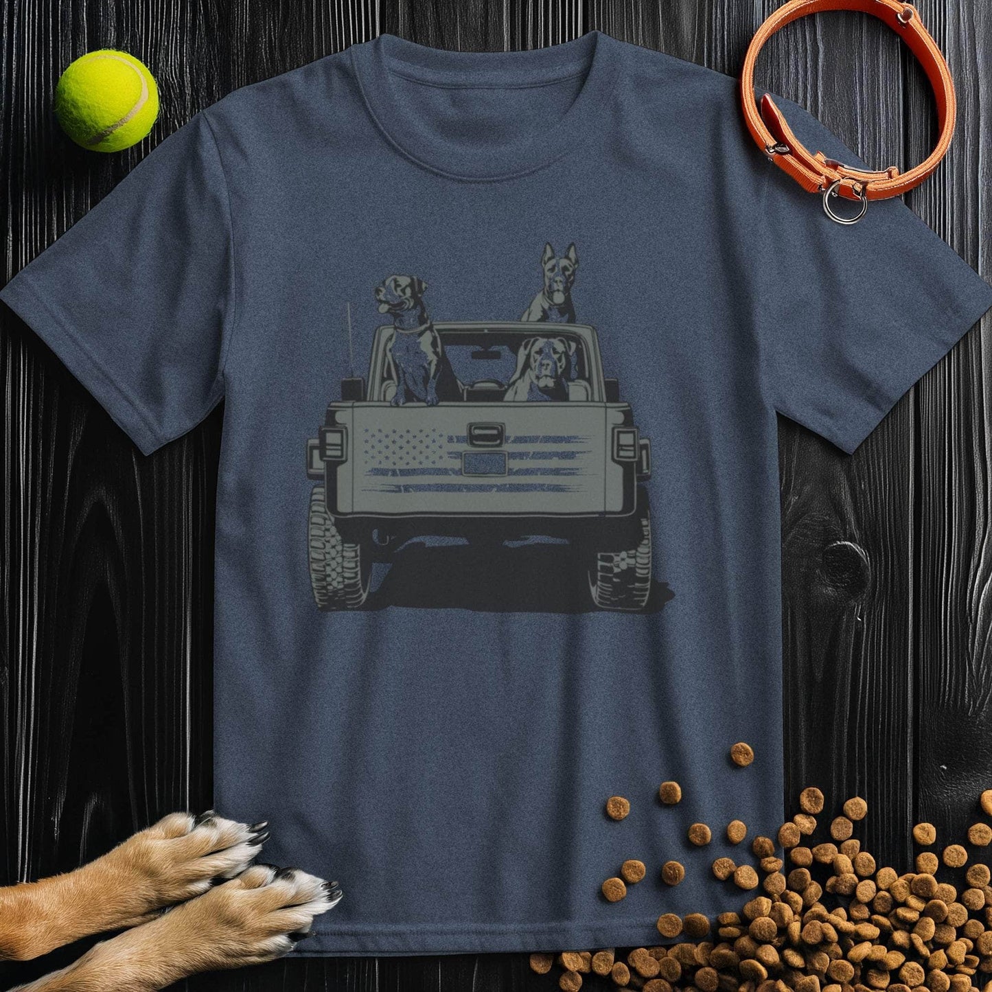 Navy Freedom Ride Dog T-Shirt with jeep and dog graphic, perfect for casual wear. Crafted from soft, ethical cotton material.